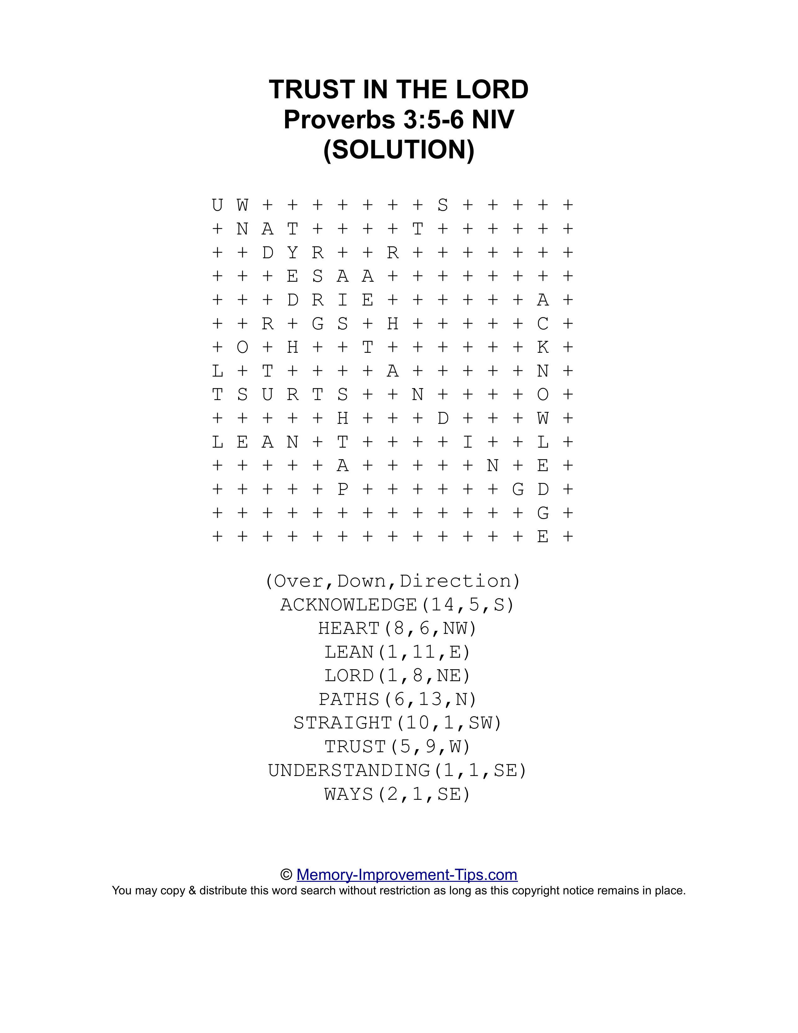 Trust in the Lord (Proverbs 3:5-6 NIV) Bible word search printable solution