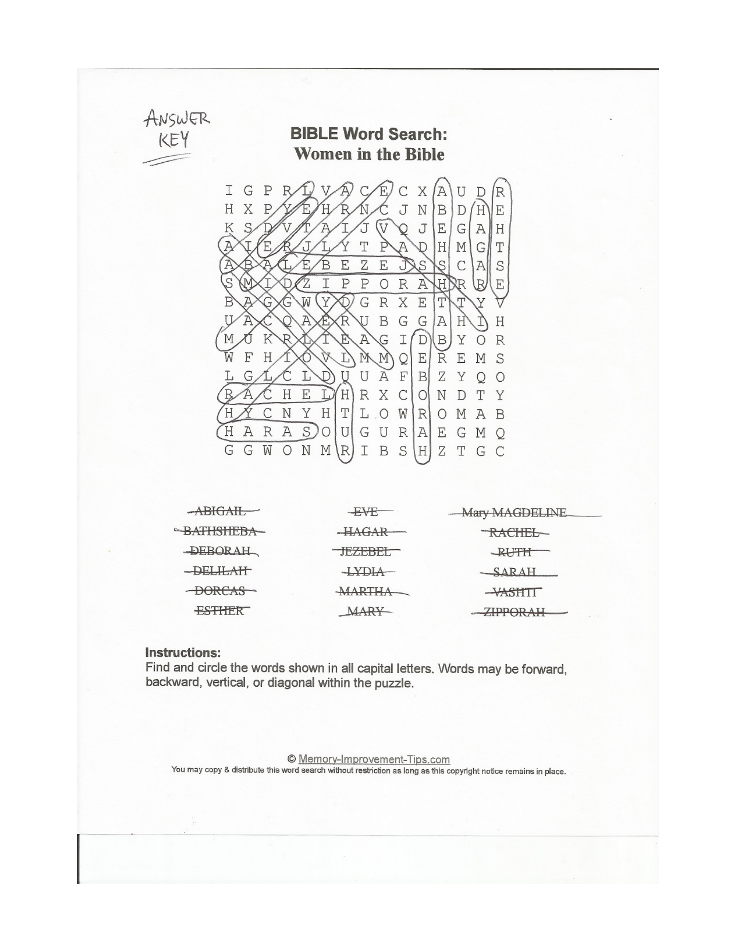 Women in the Bible word search printable solution