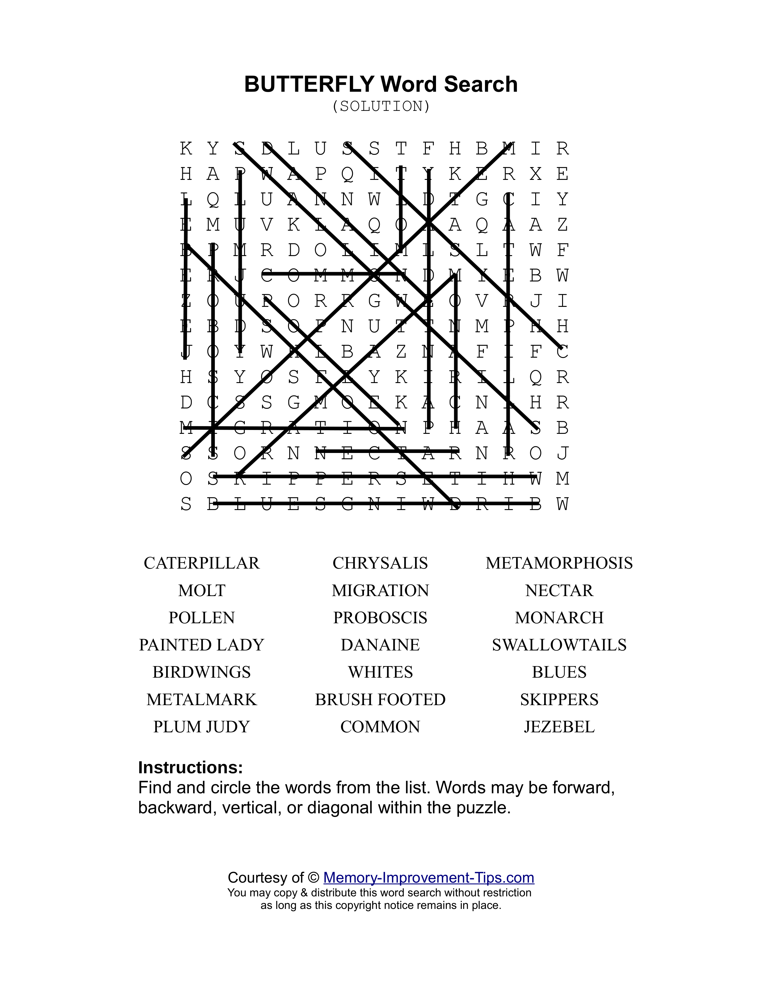 Butterflies word search printable solution
