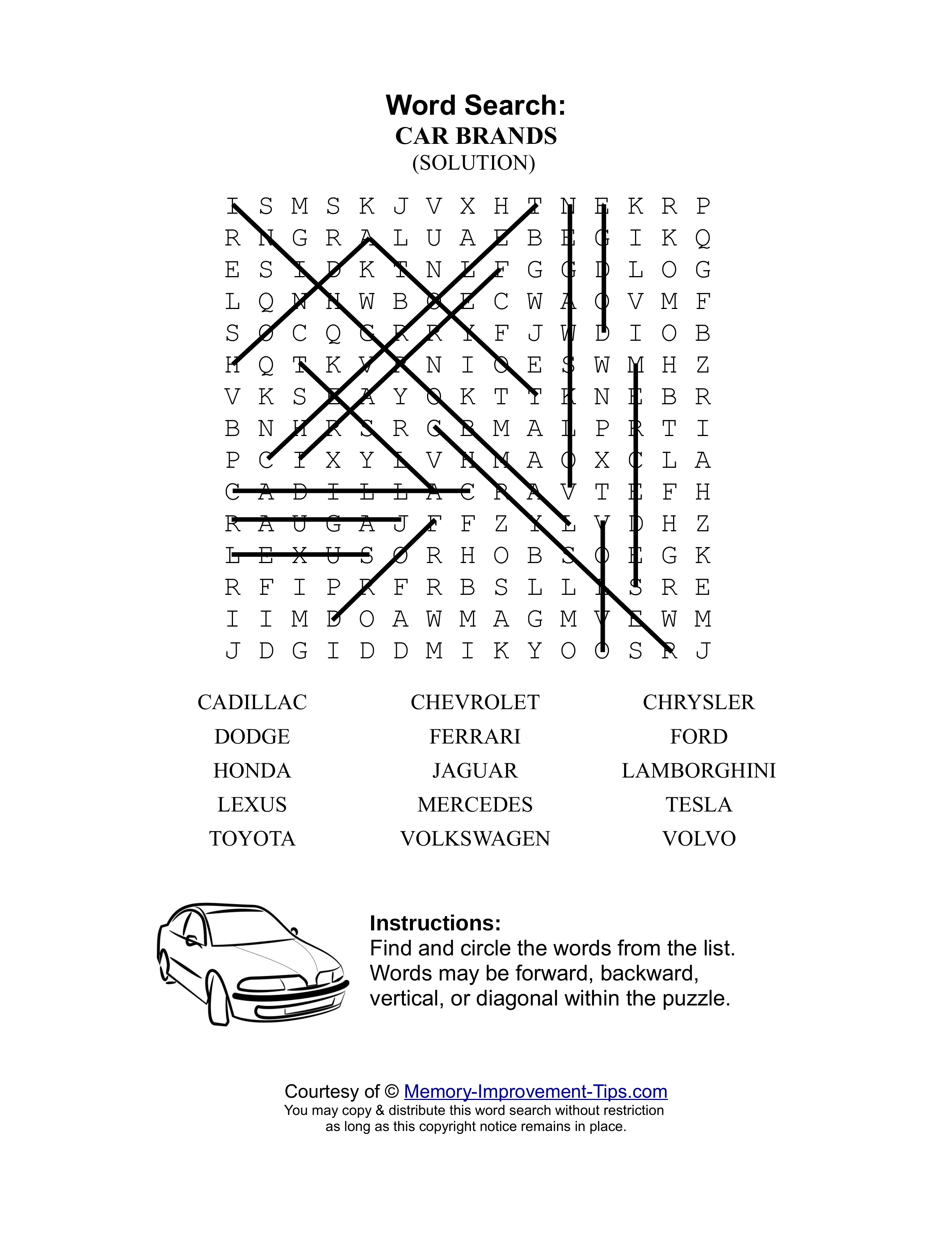 Car Brands word search printable solution