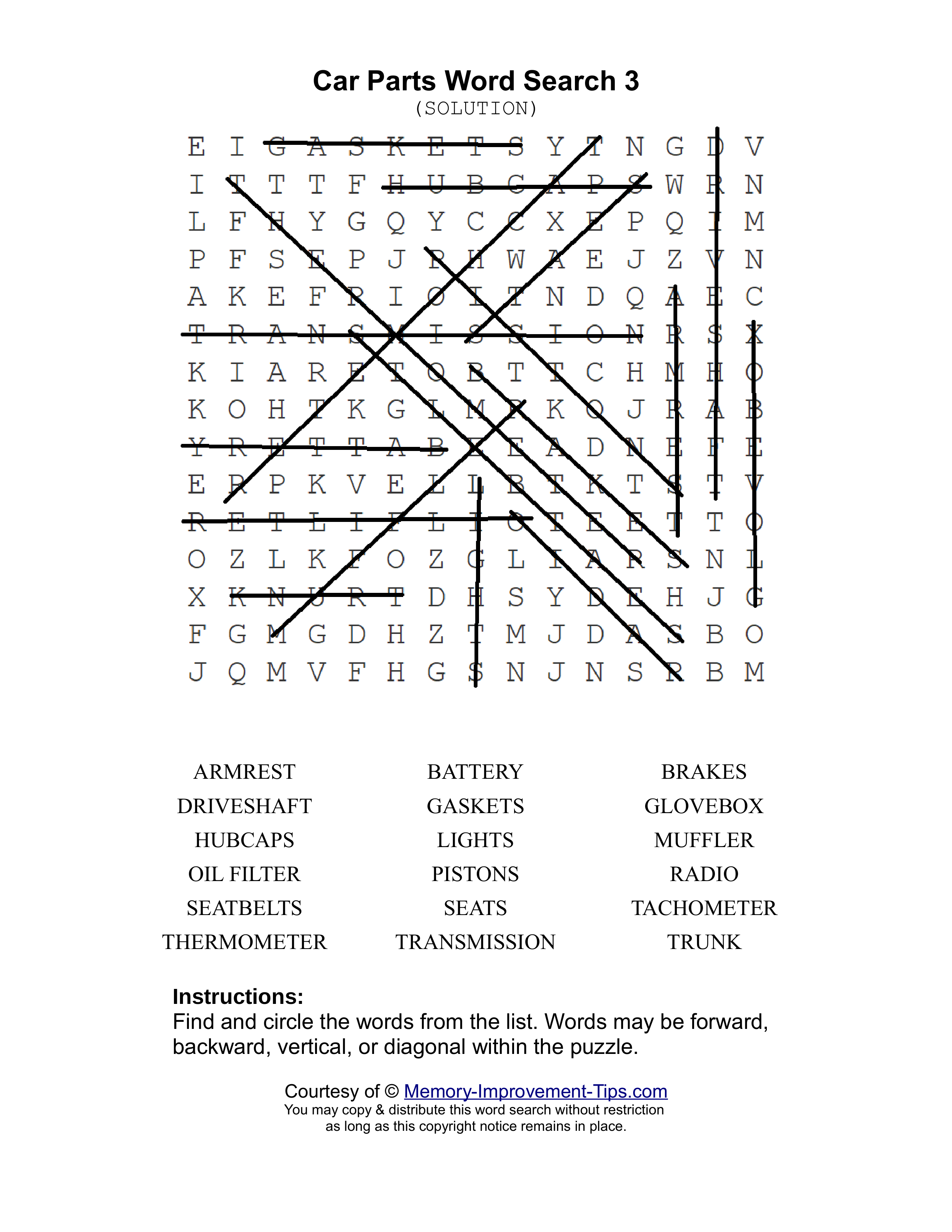 Car Parts 3 word search printable solution