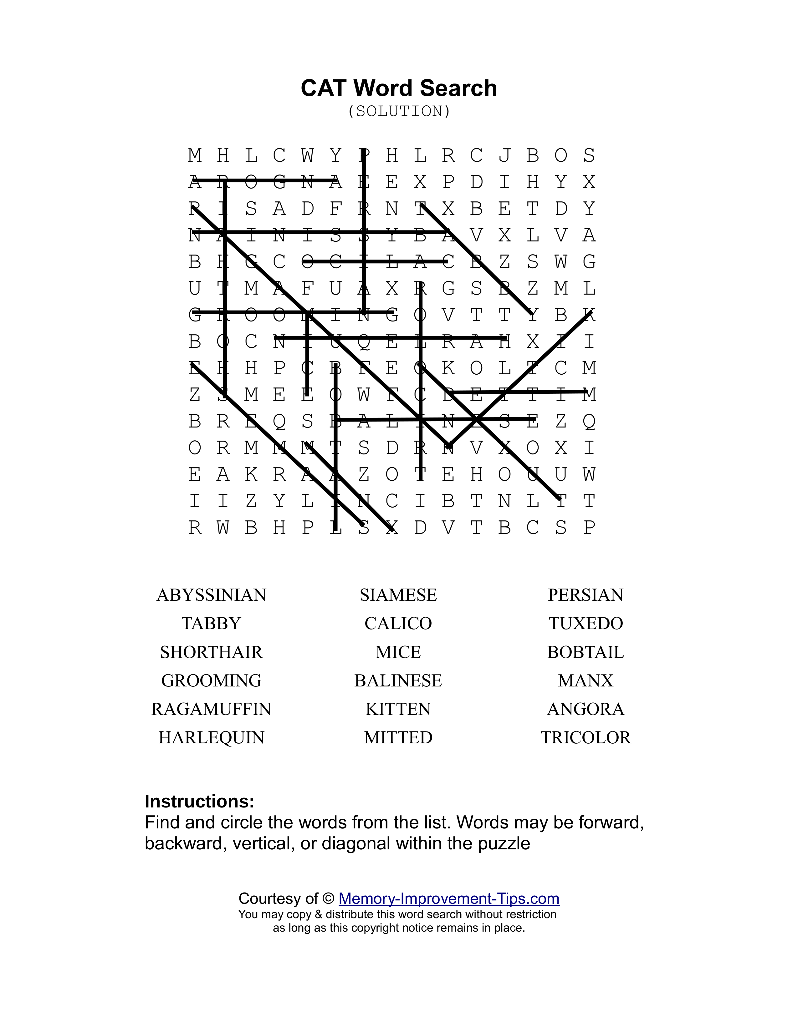 Cats word search printable solution