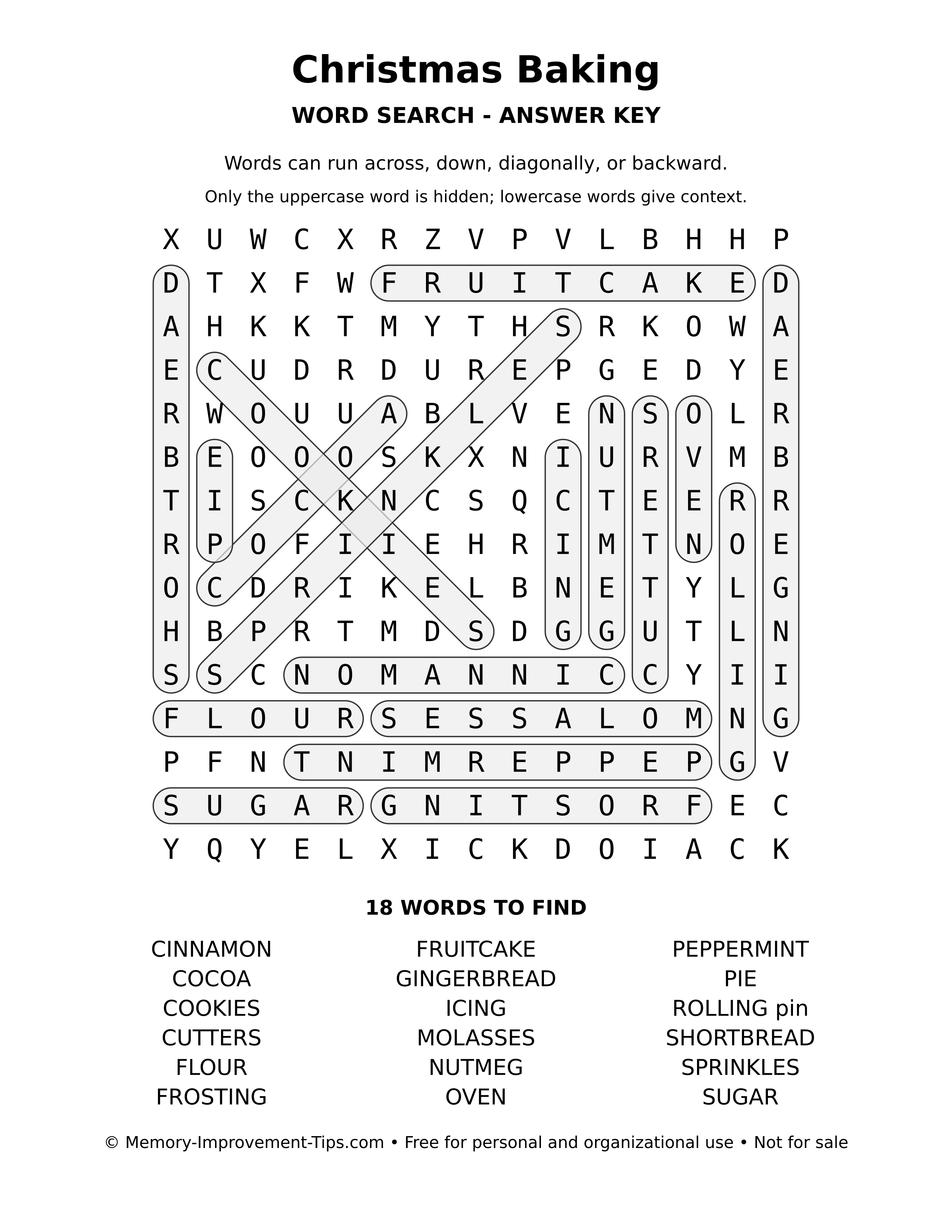 Answer key for Christmas Baking word search