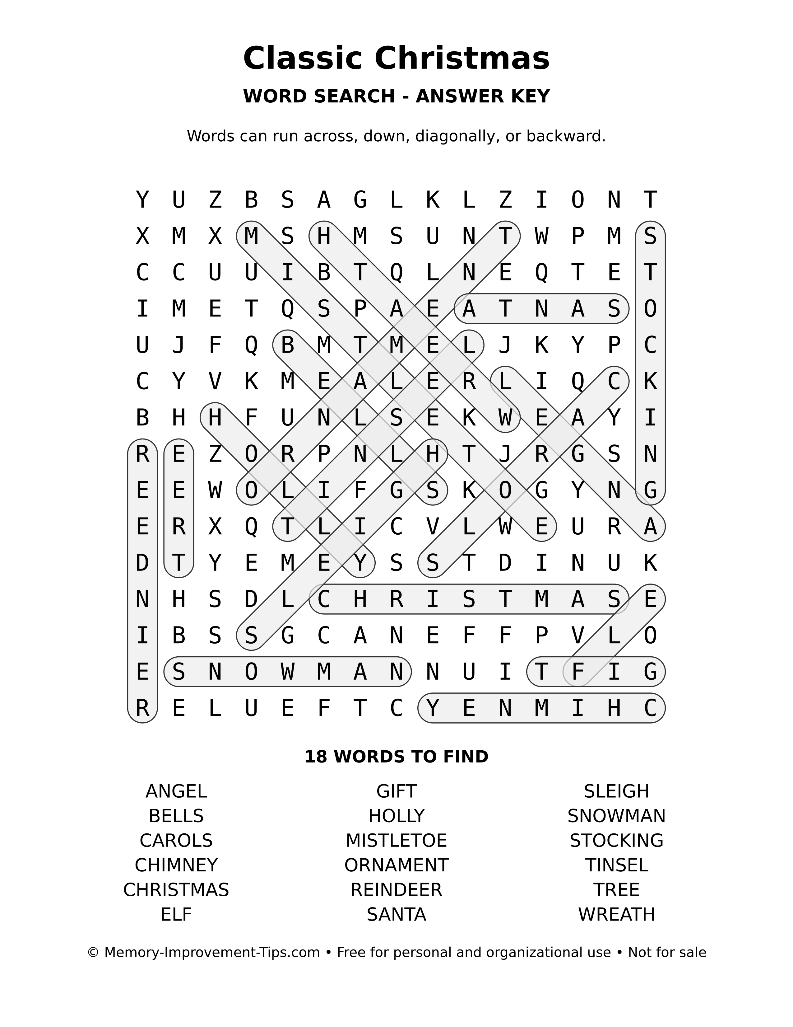 Answer key for Classic Christmas word search
