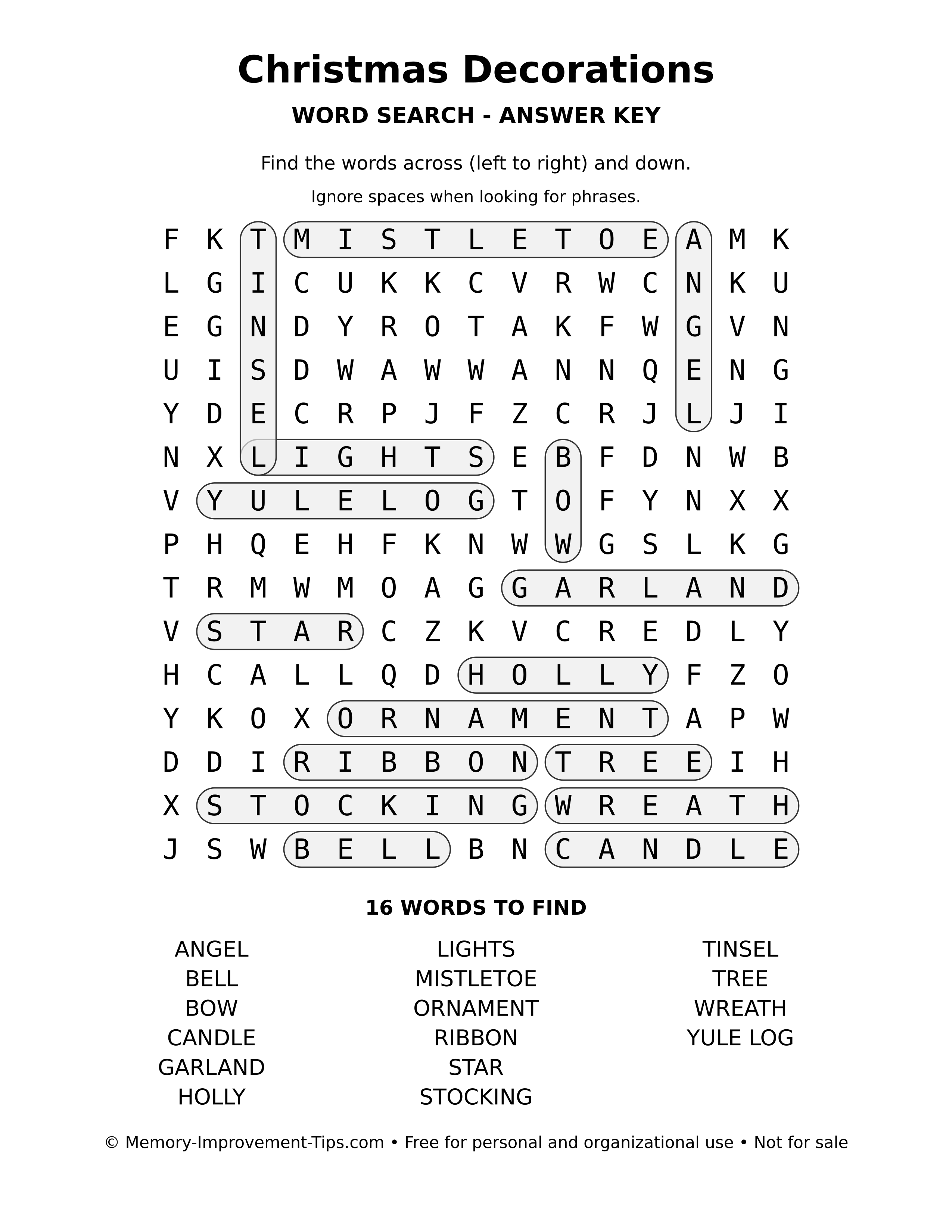 Answer key for Christmas Decorations word search