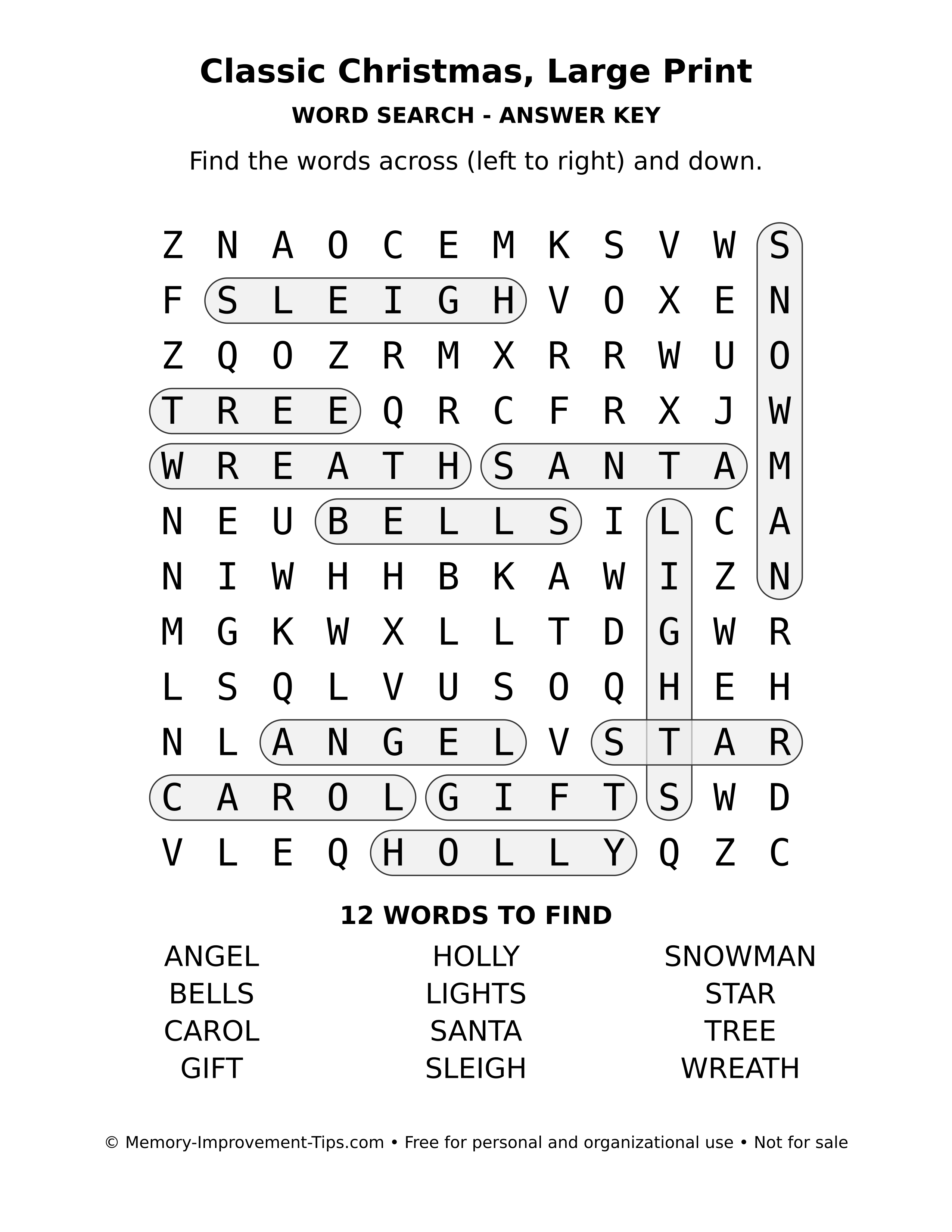 Answer key for Classic Christmas, Large Print word search