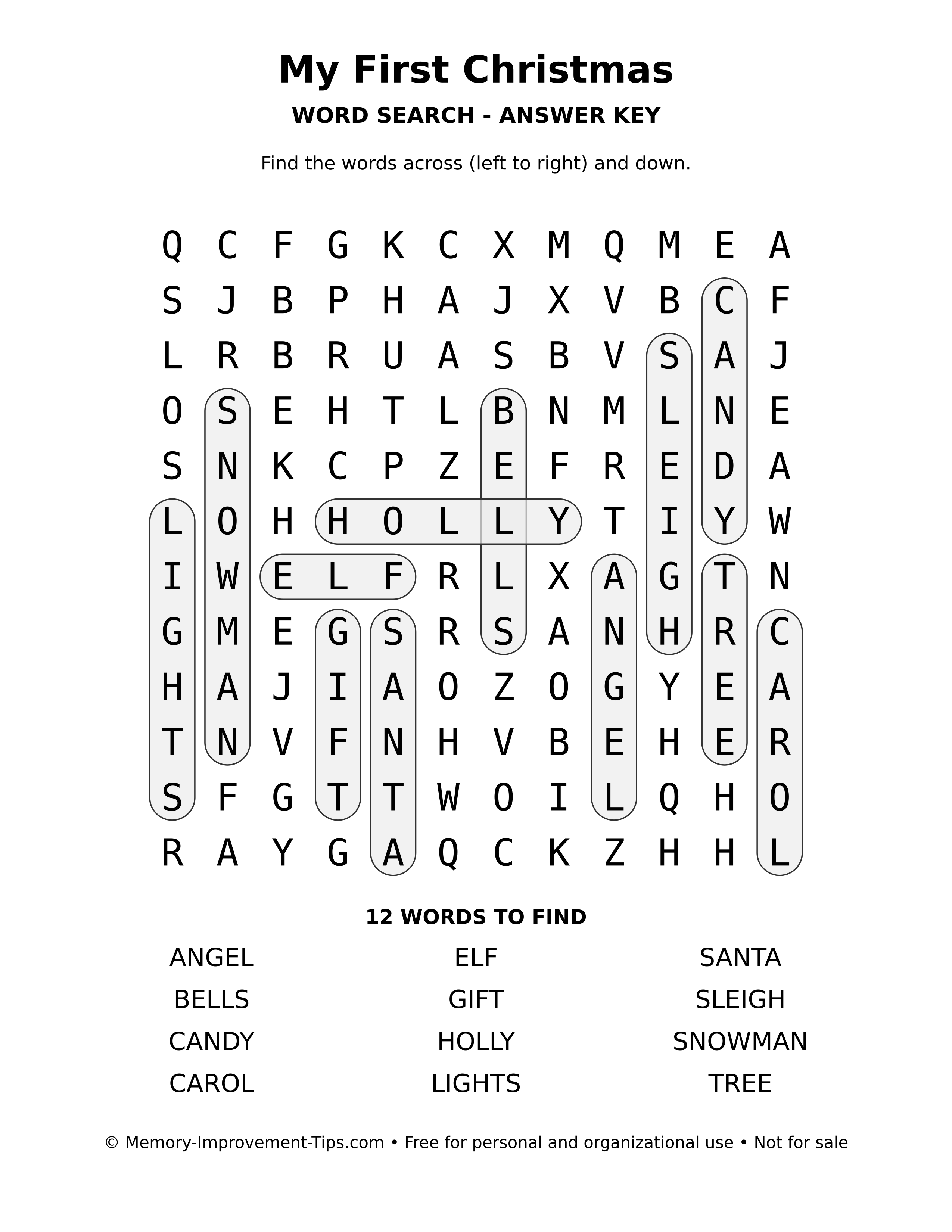 Answer key for My First Christmas word search