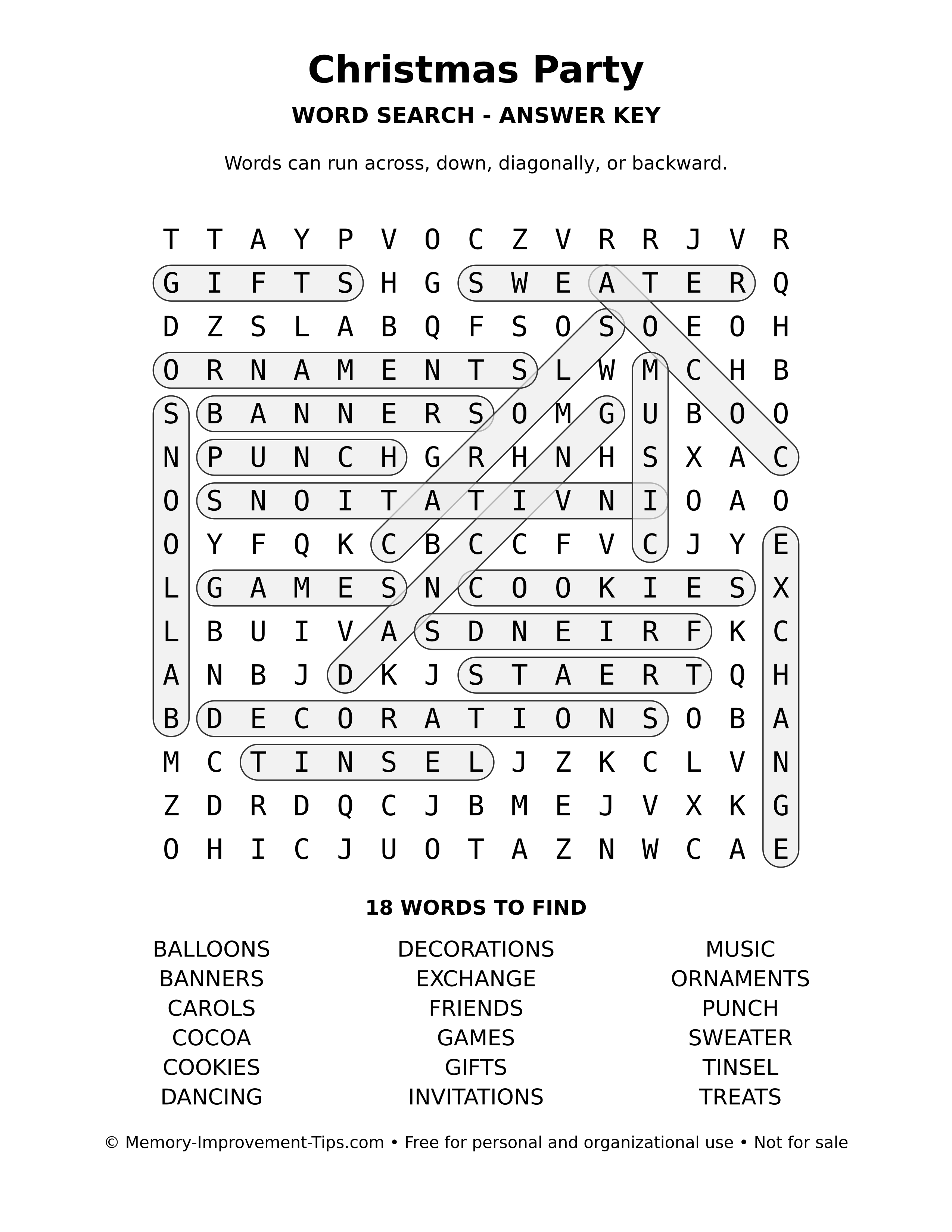 Answer key for Christmas Party word search