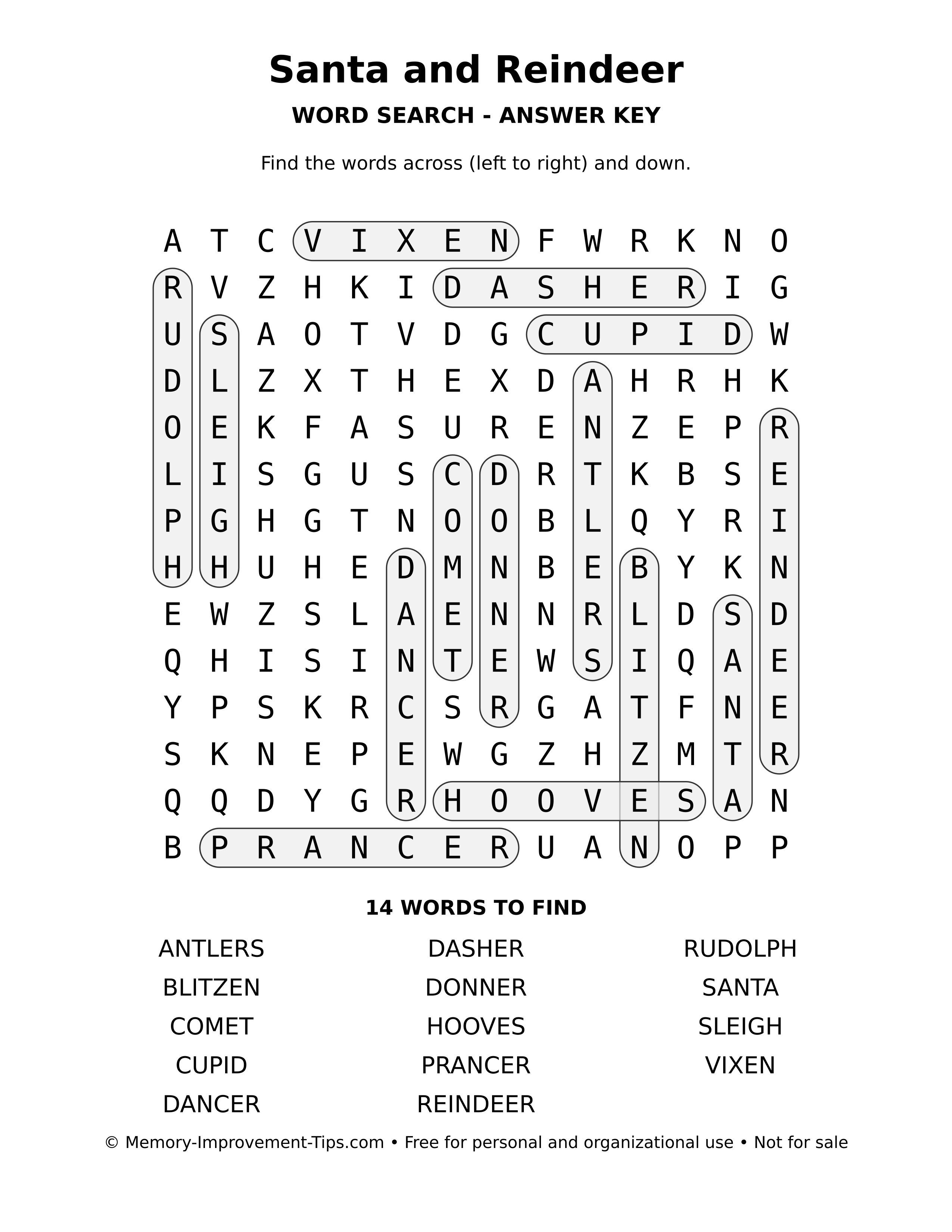 Answer key for Santa and Reindeer word search