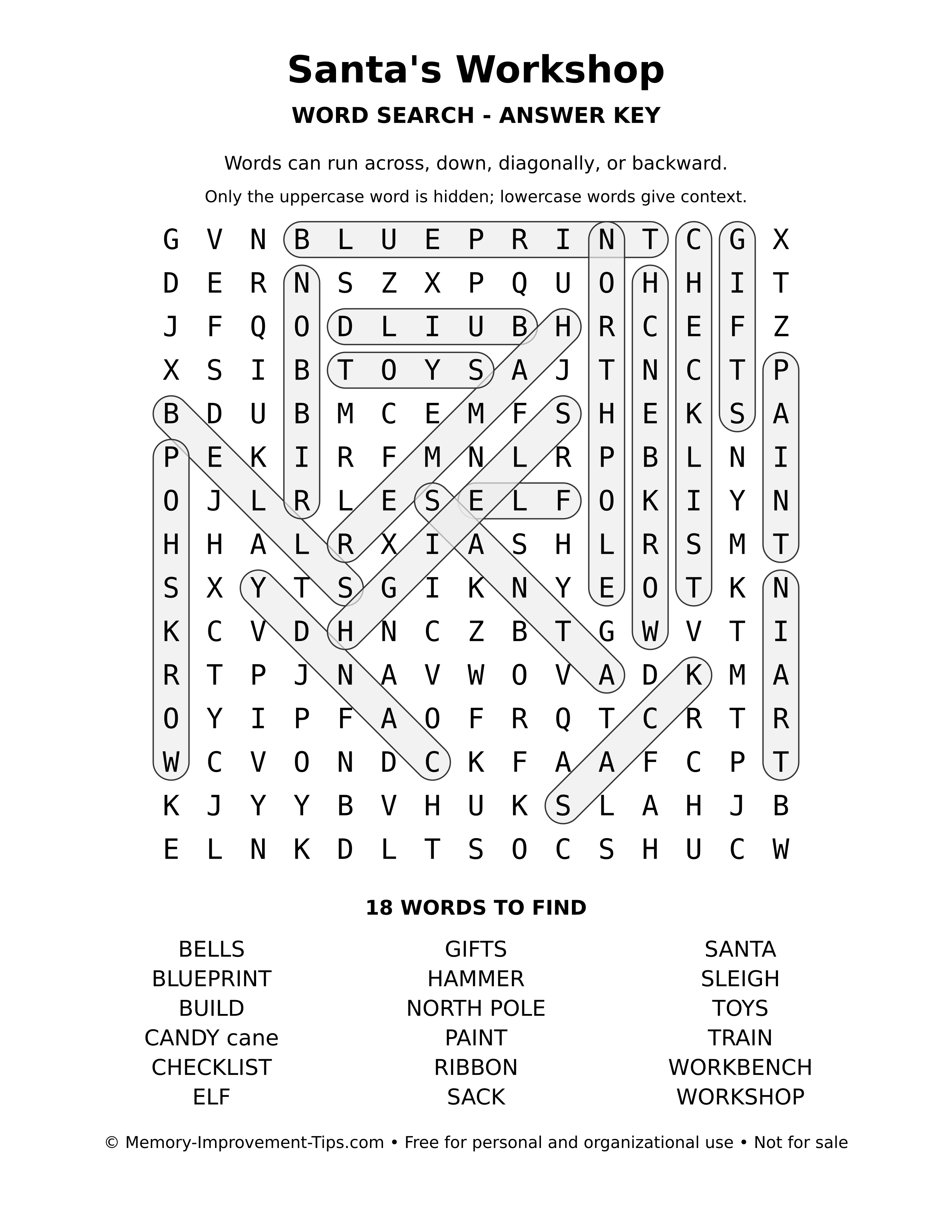 Answer key for Santa's Workshop word search