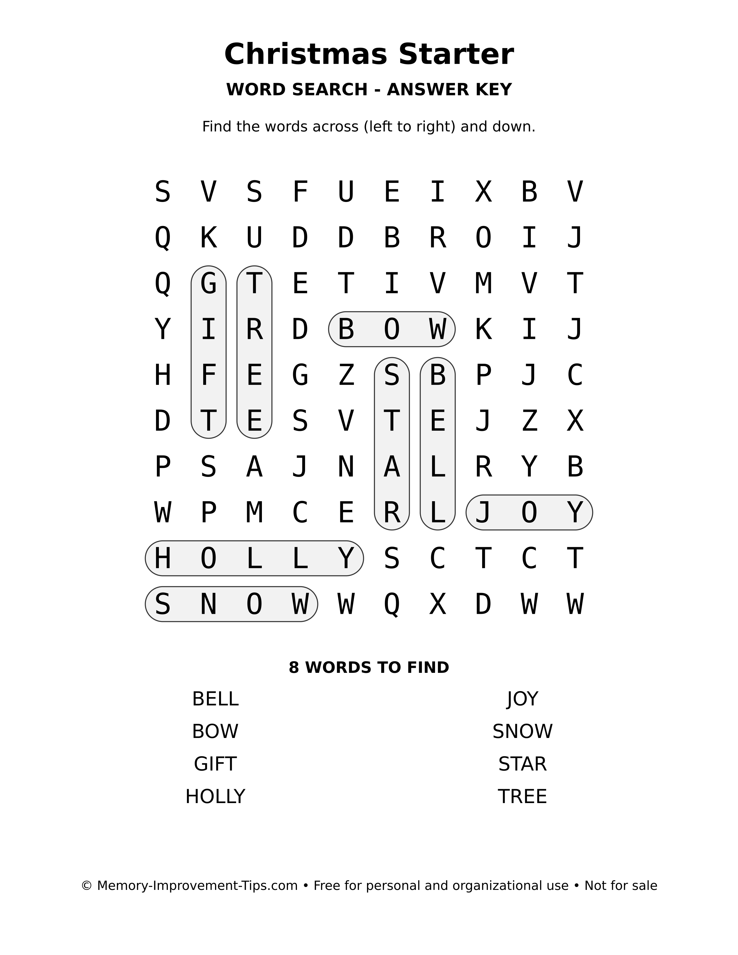 Answer key for Christmas Starter word search