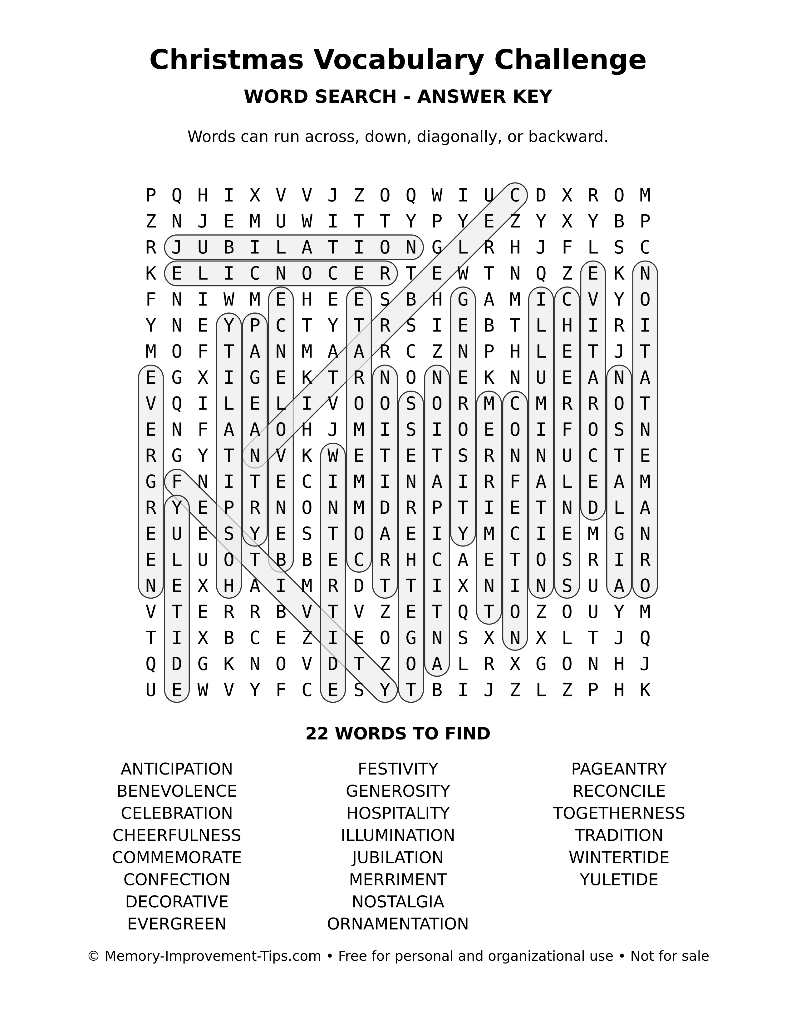 Answer key for Christmas Vocabulary Challenge word search