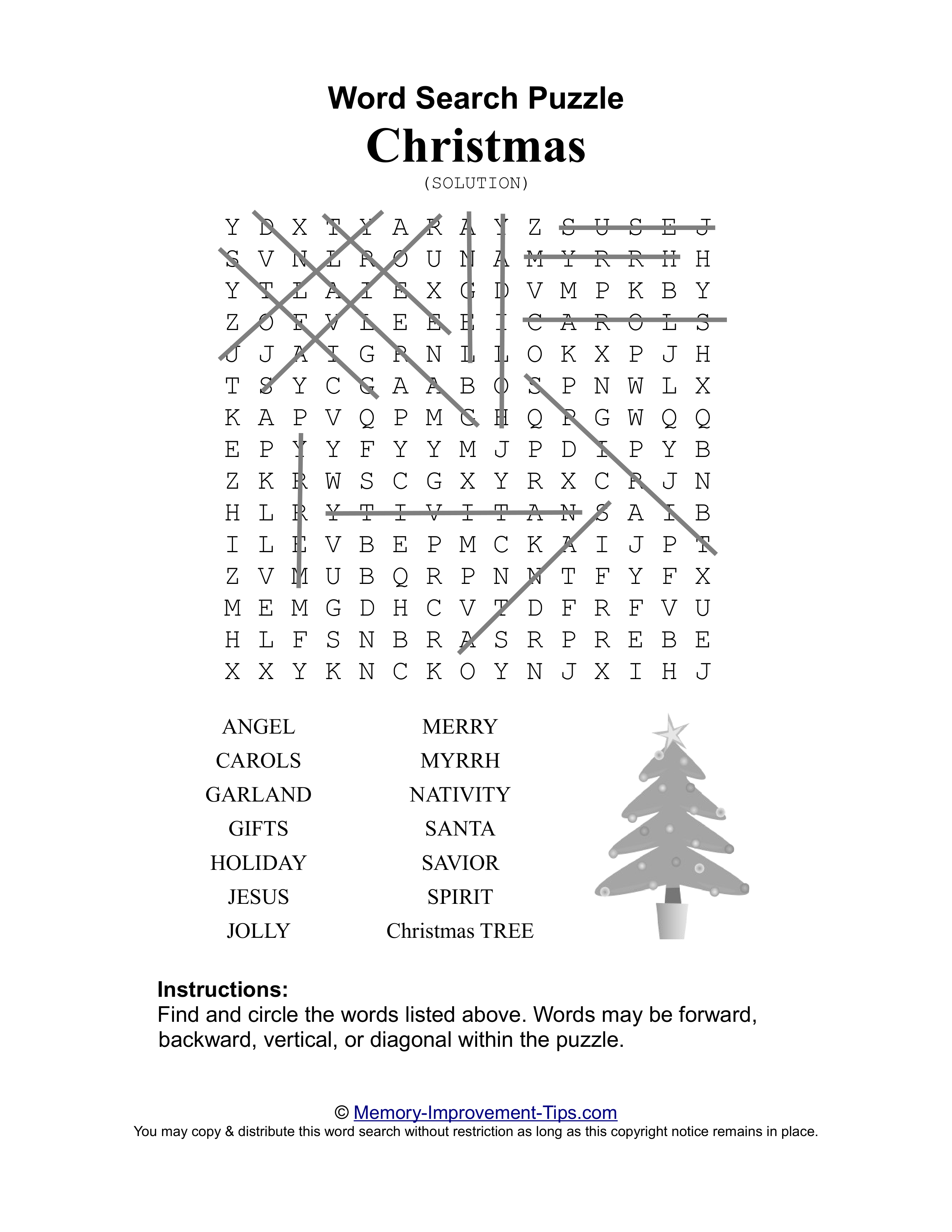 Christmas word search printable solution