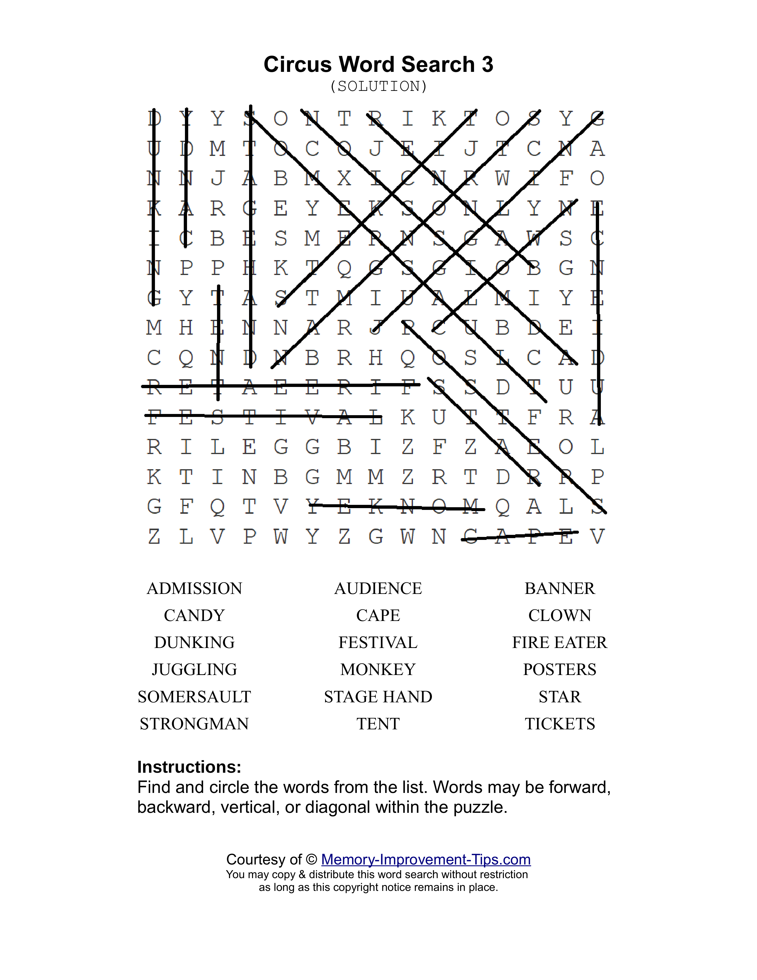 Circus 3 word search printable solution