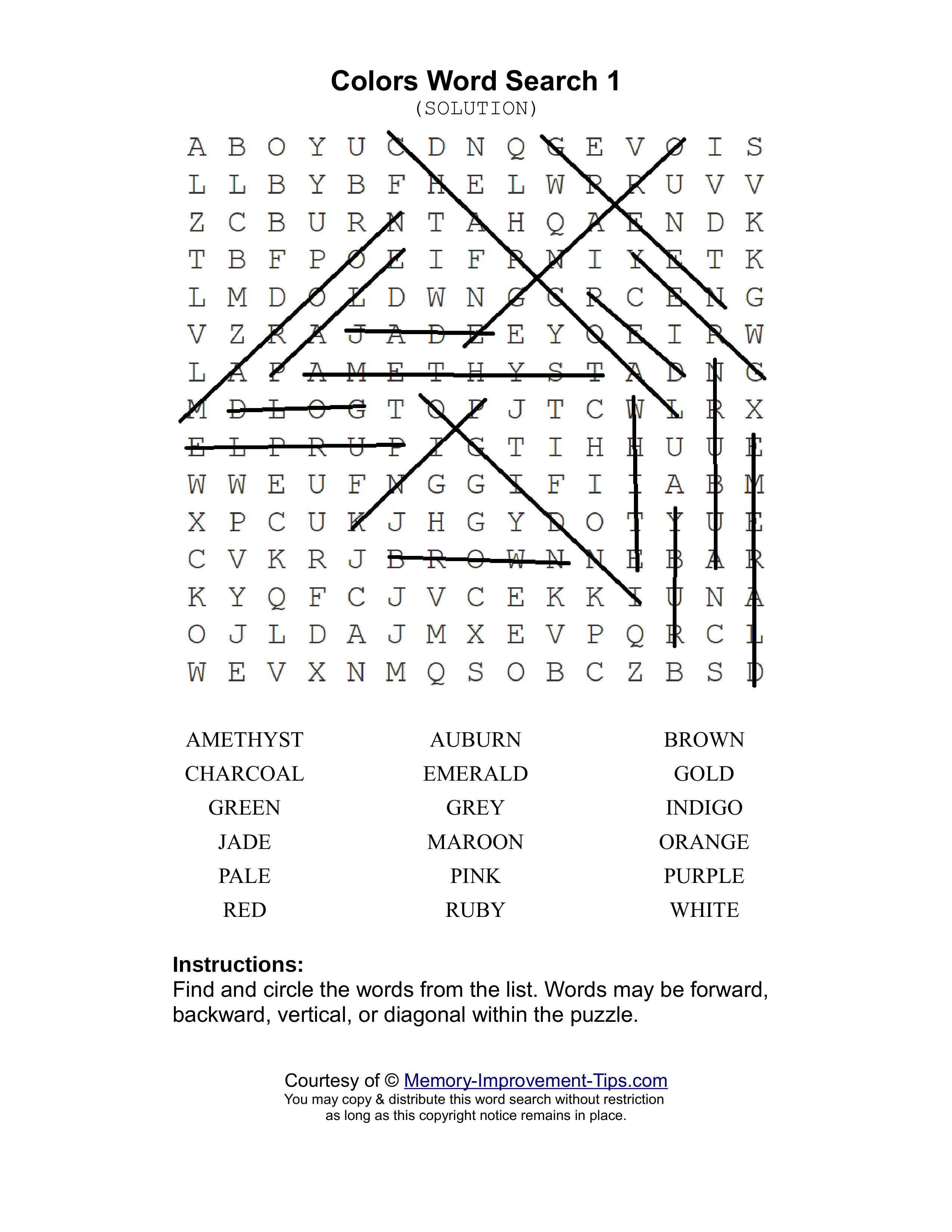 Colors 1 word search printable solution
