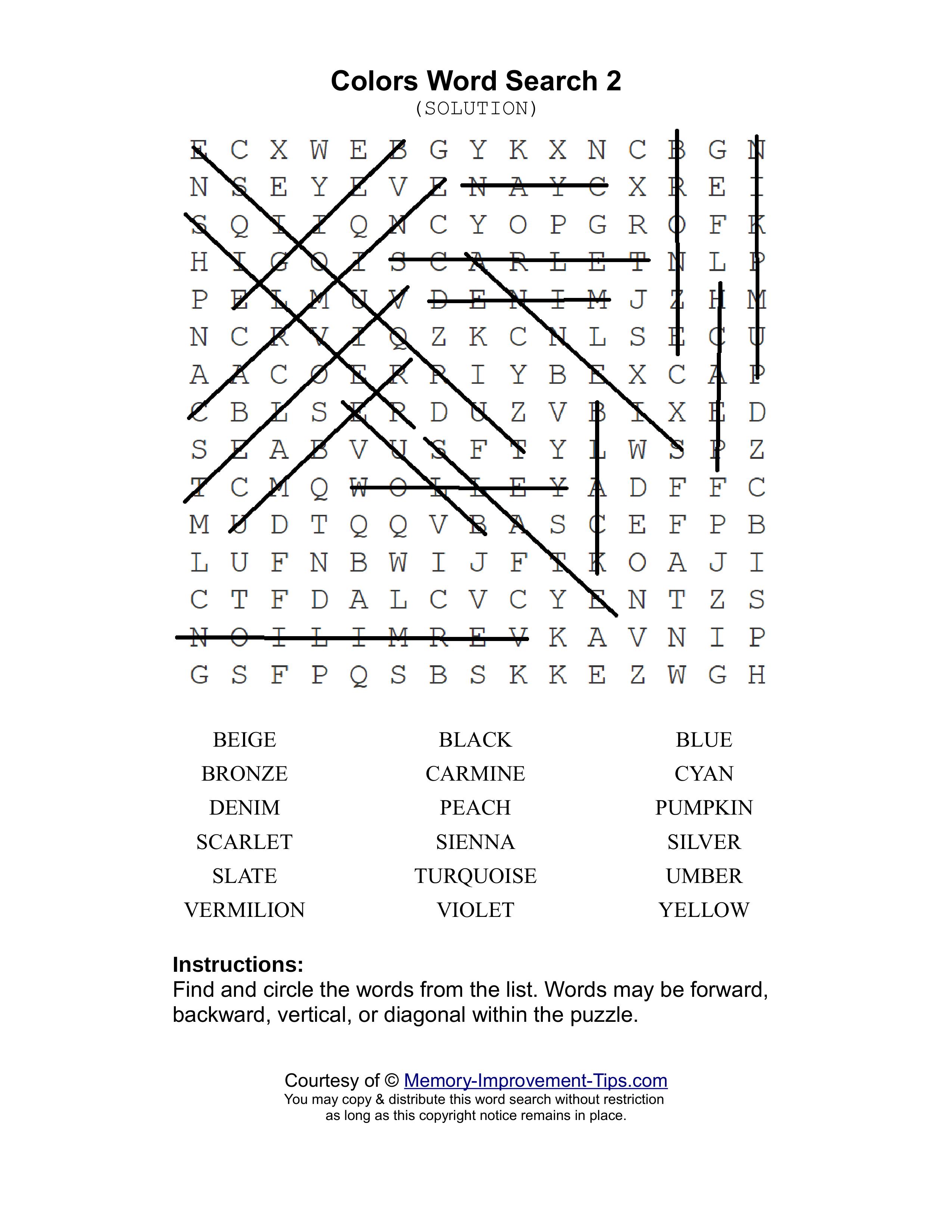 Colors 2 word search printable solution