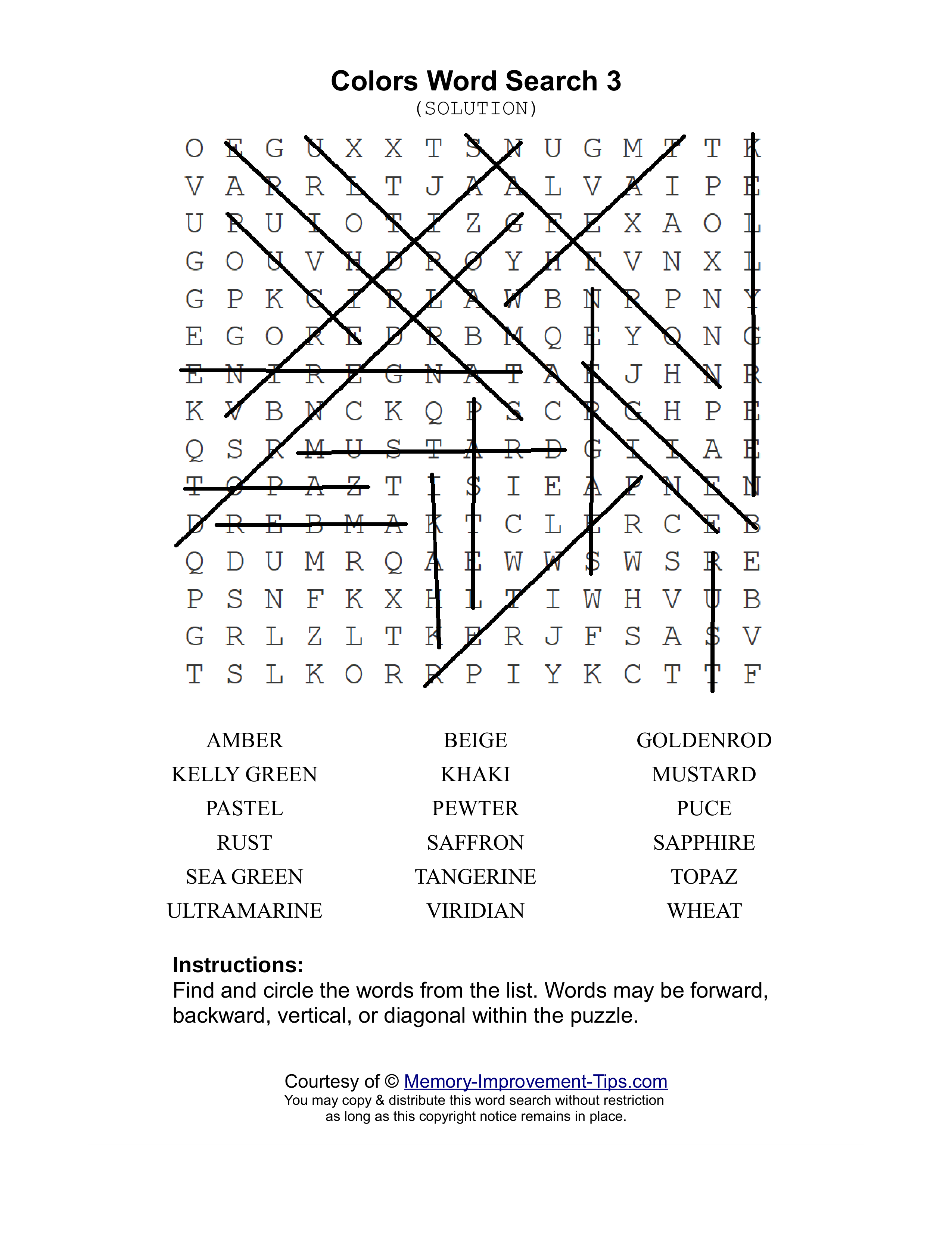 Colors 3 word search printable solution