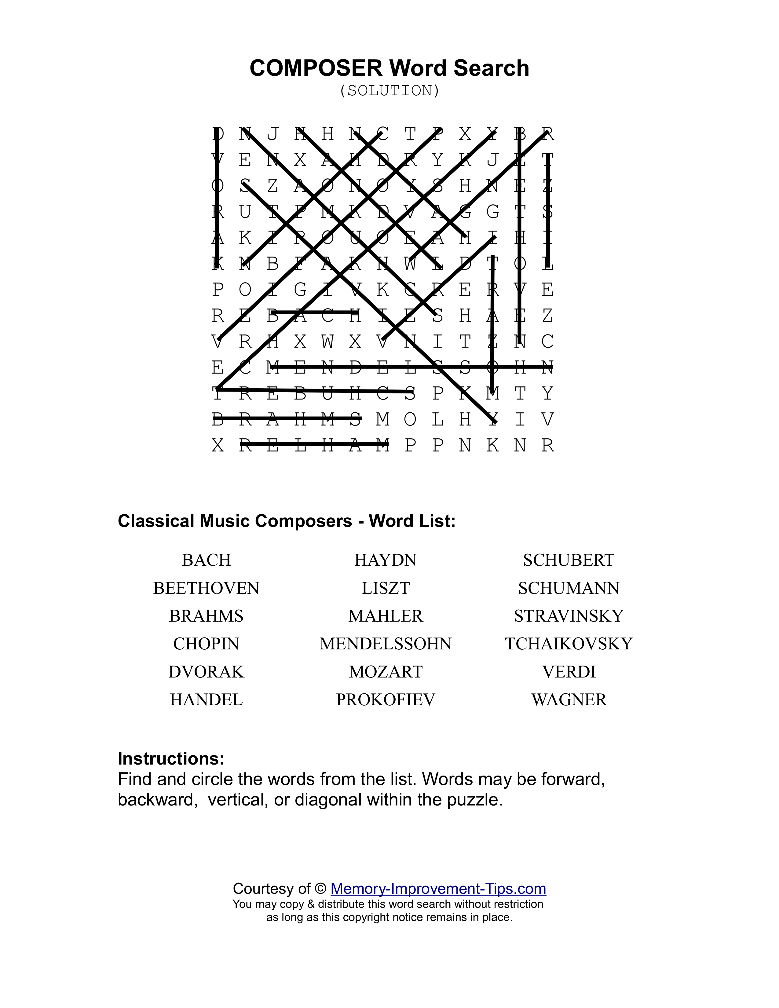 Composers word search printable solution