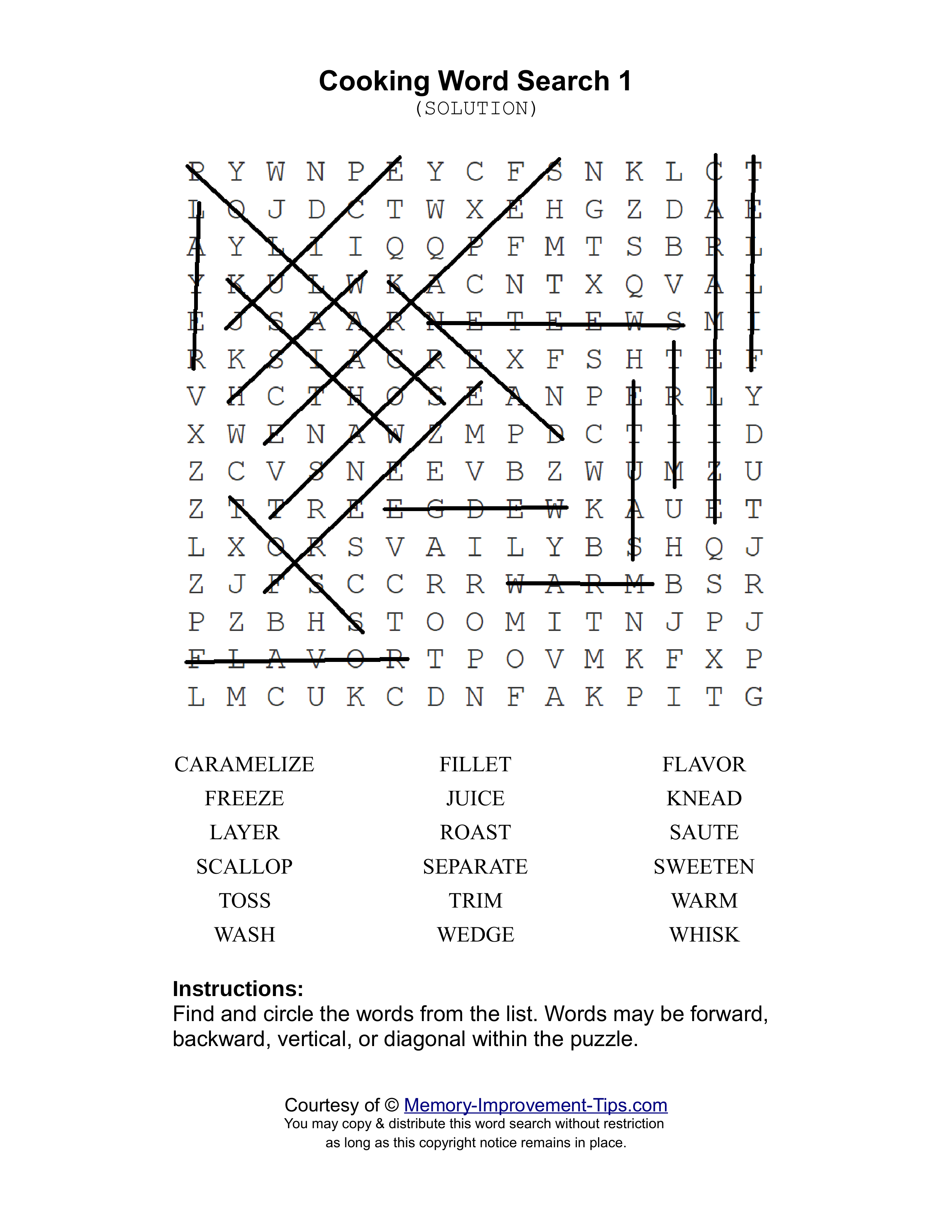 Cooking 1 word search printable solution
