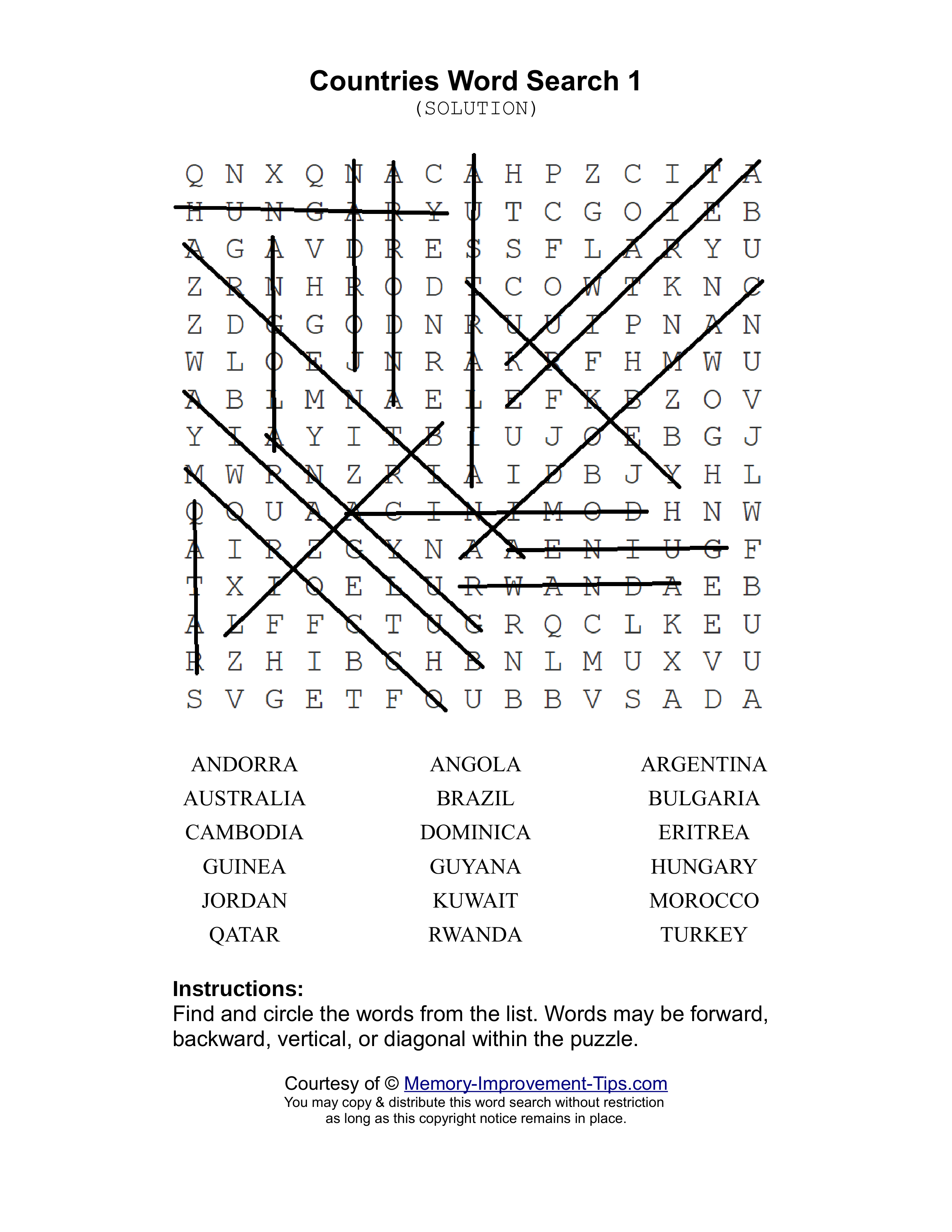 Countries 1 word search printable solution