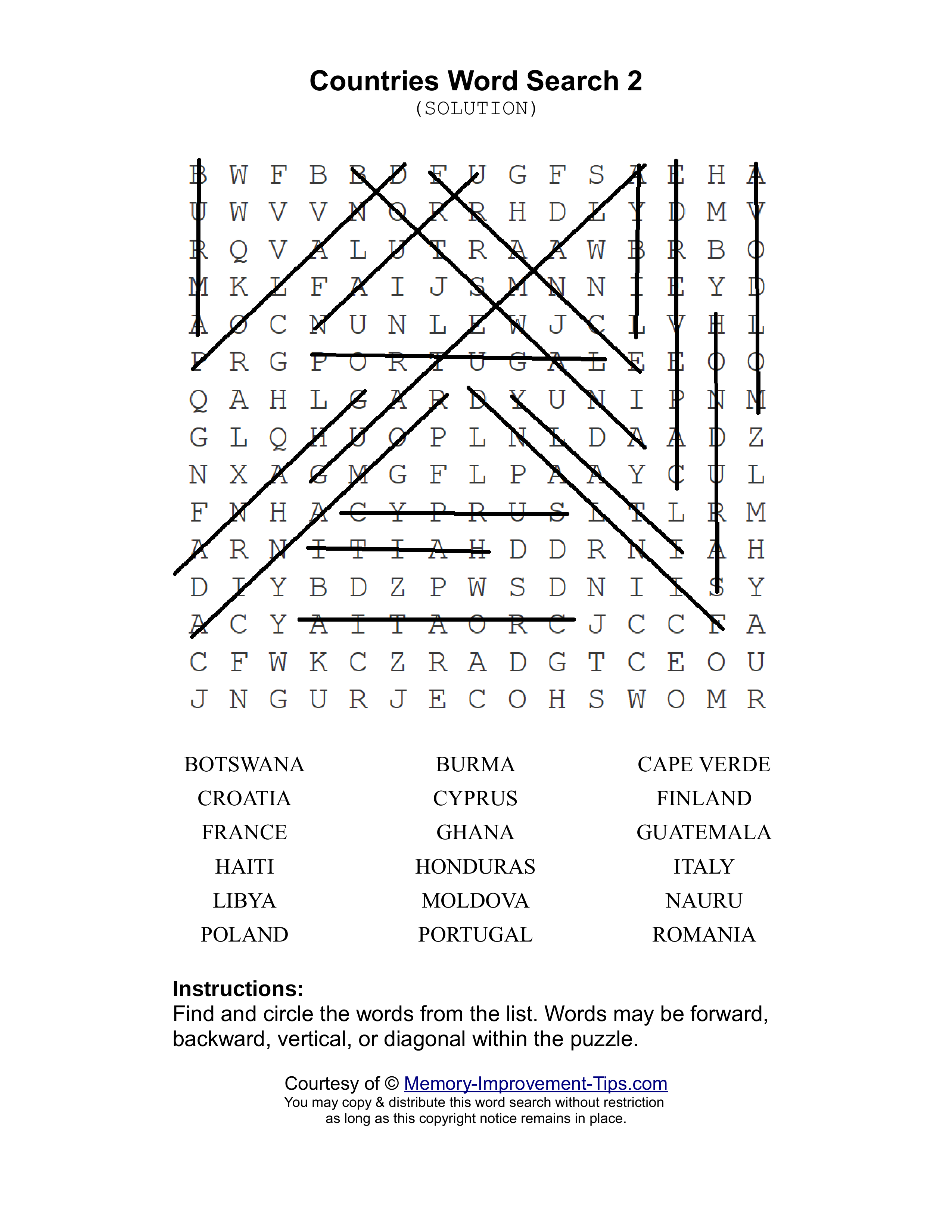 Countries 2 word search printable solution