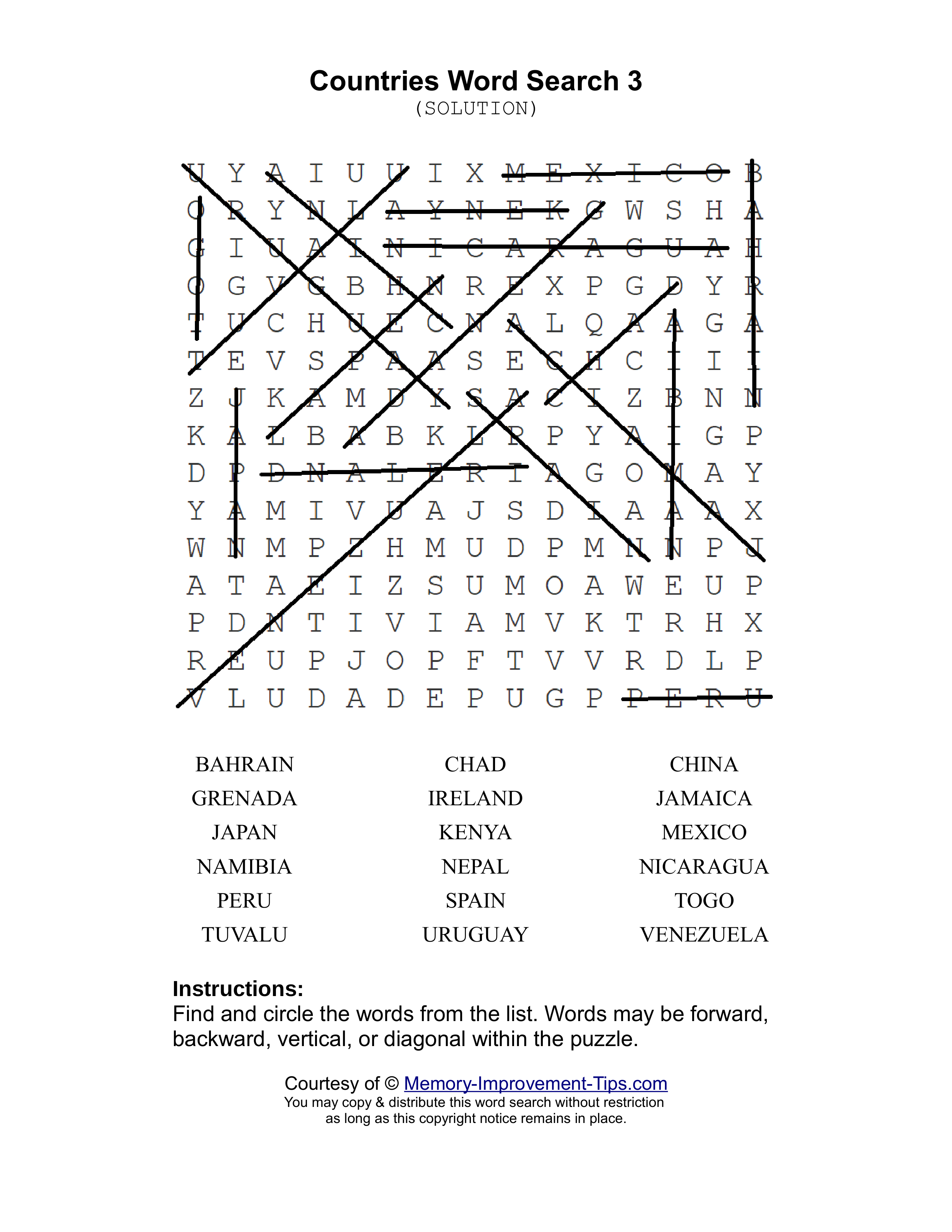 Countries 3 word search printable solution