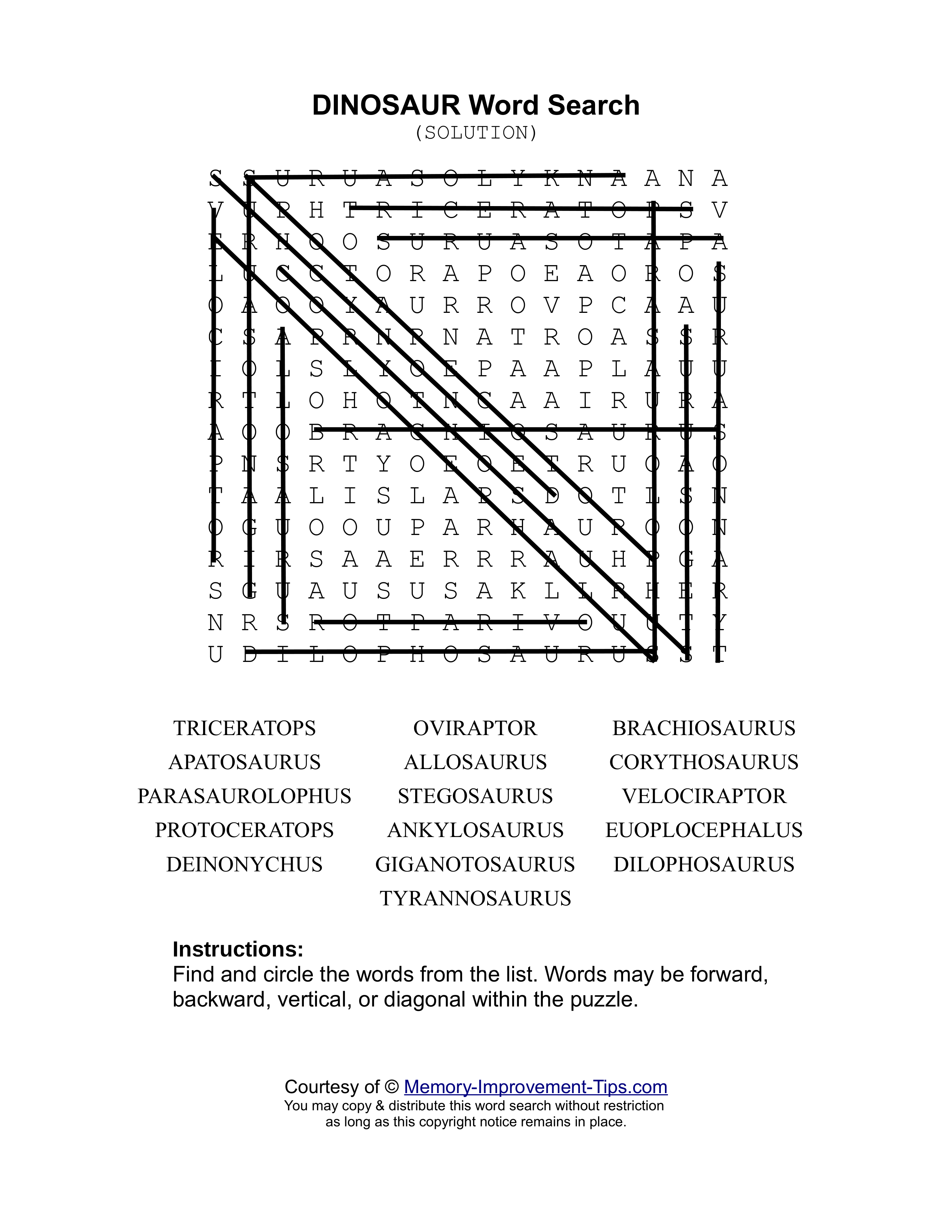Dinosaurs word search printable solution