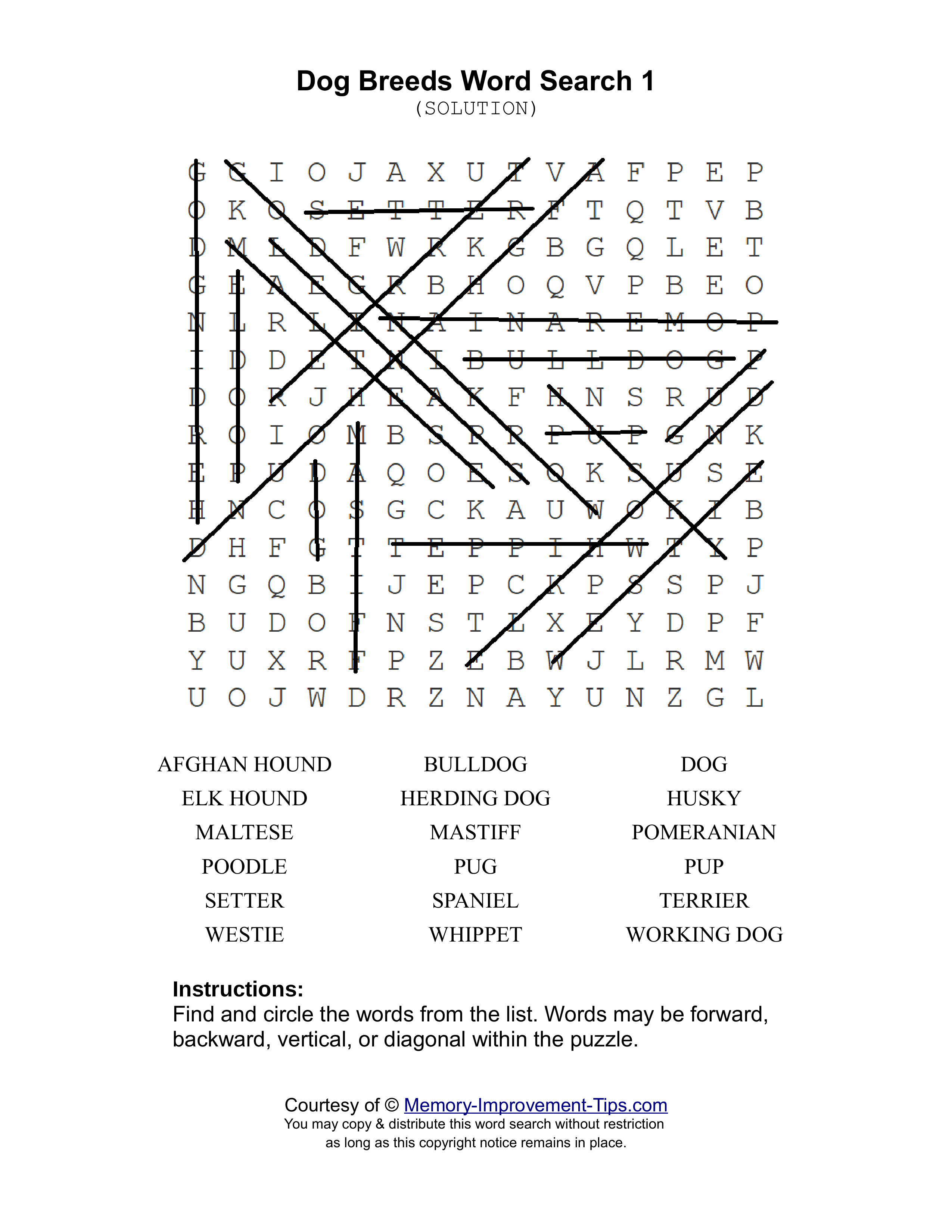 Dog Breeds 1 word search printable solution