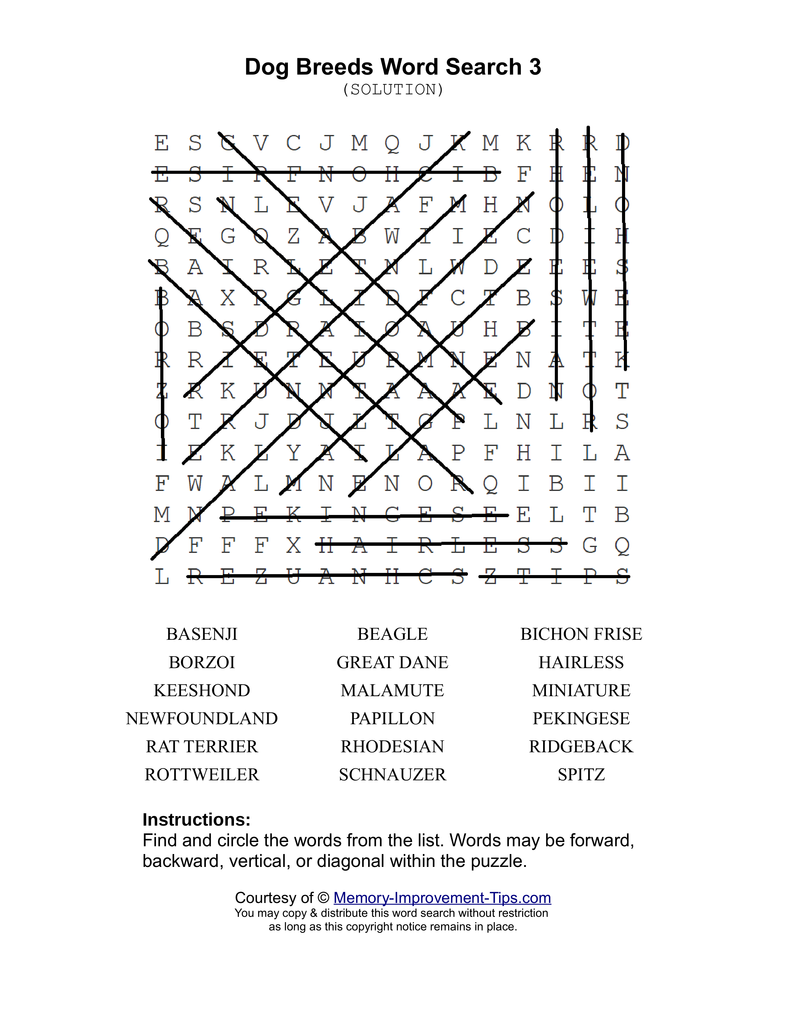 Dog Breeds 3 word search printable solution