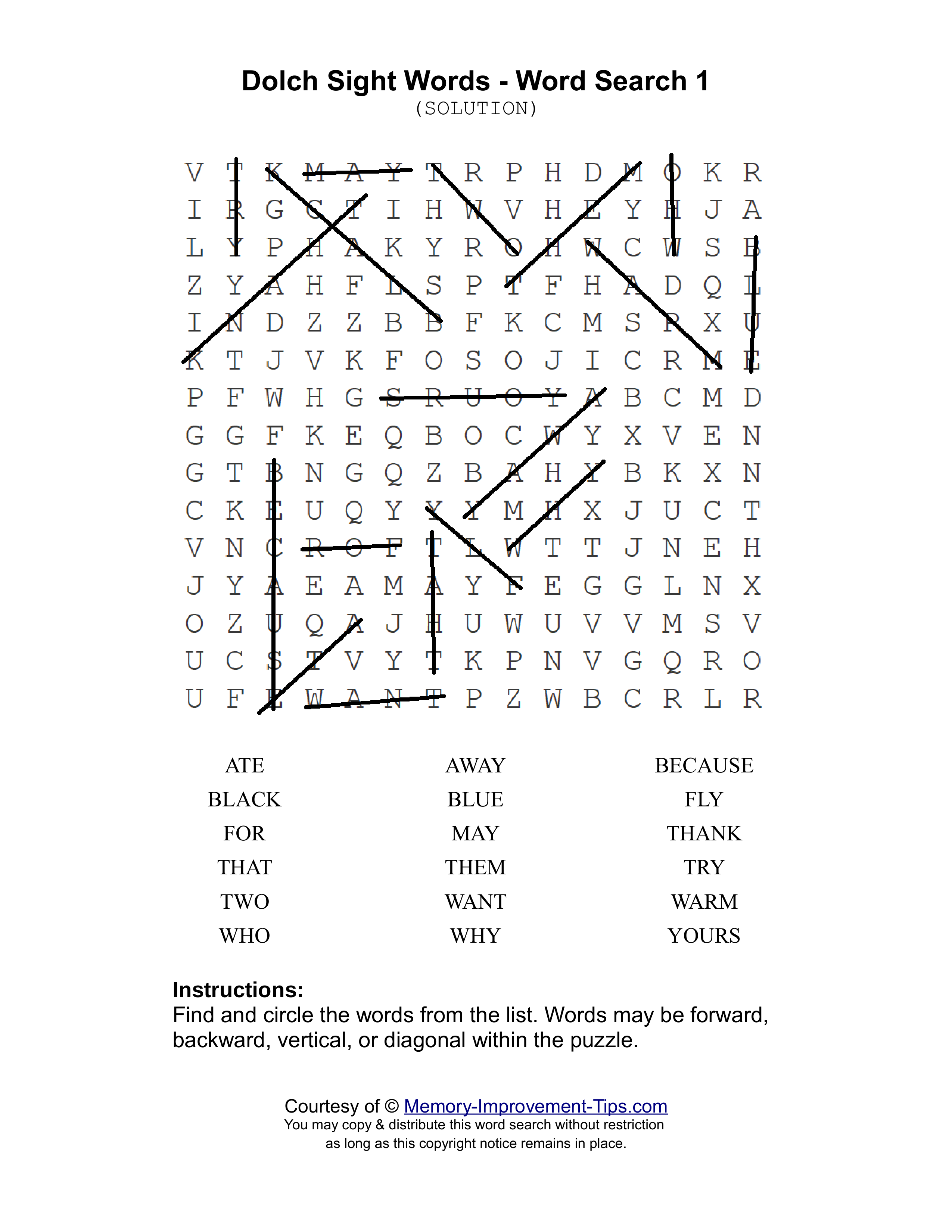 Dolch Words 1 word search printable solution