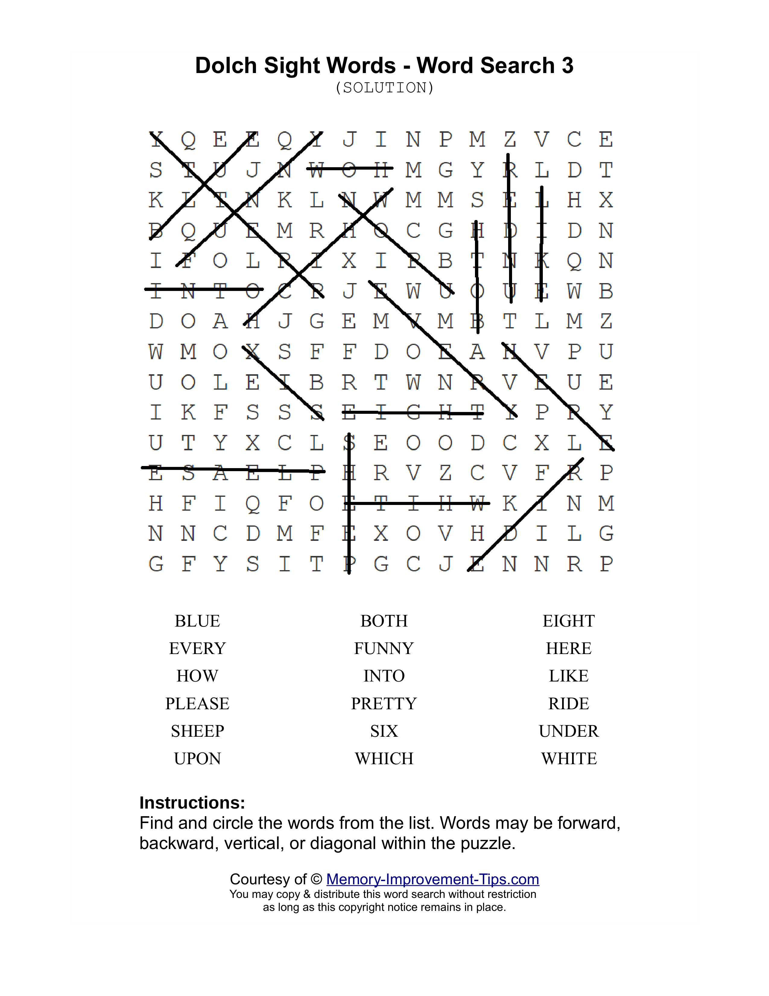 Dolch Words 3 word search printable solution