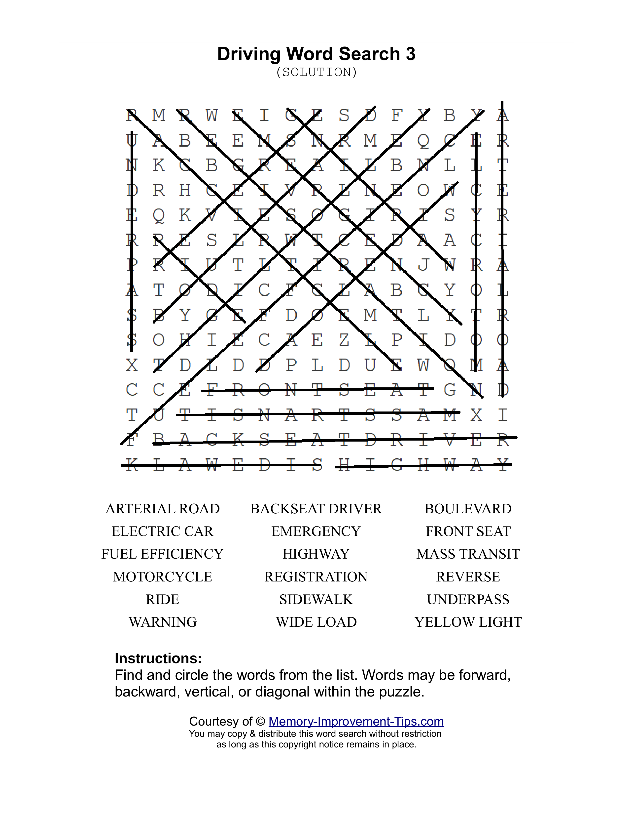 Driving 3 word search printable solution