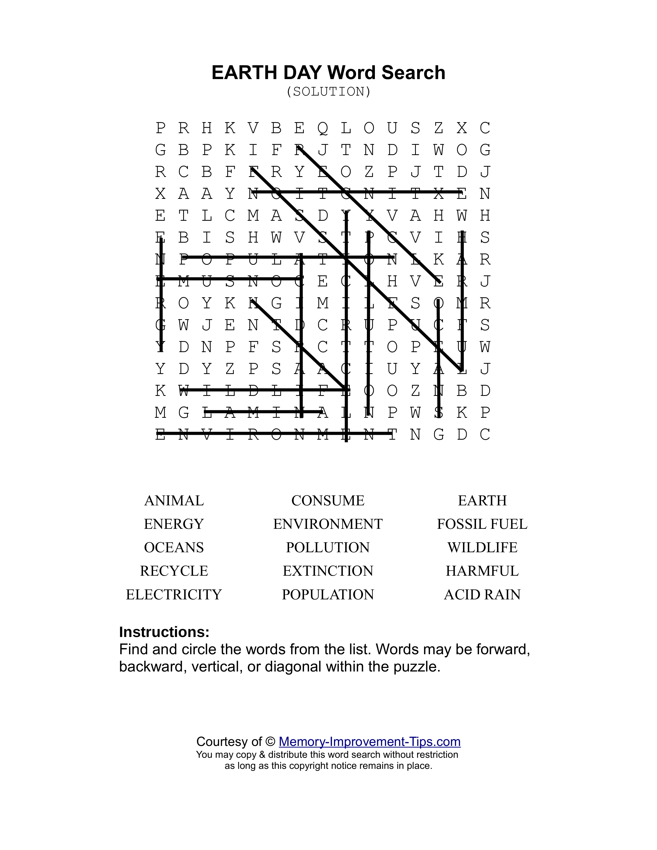 Earth Day word search printable solution