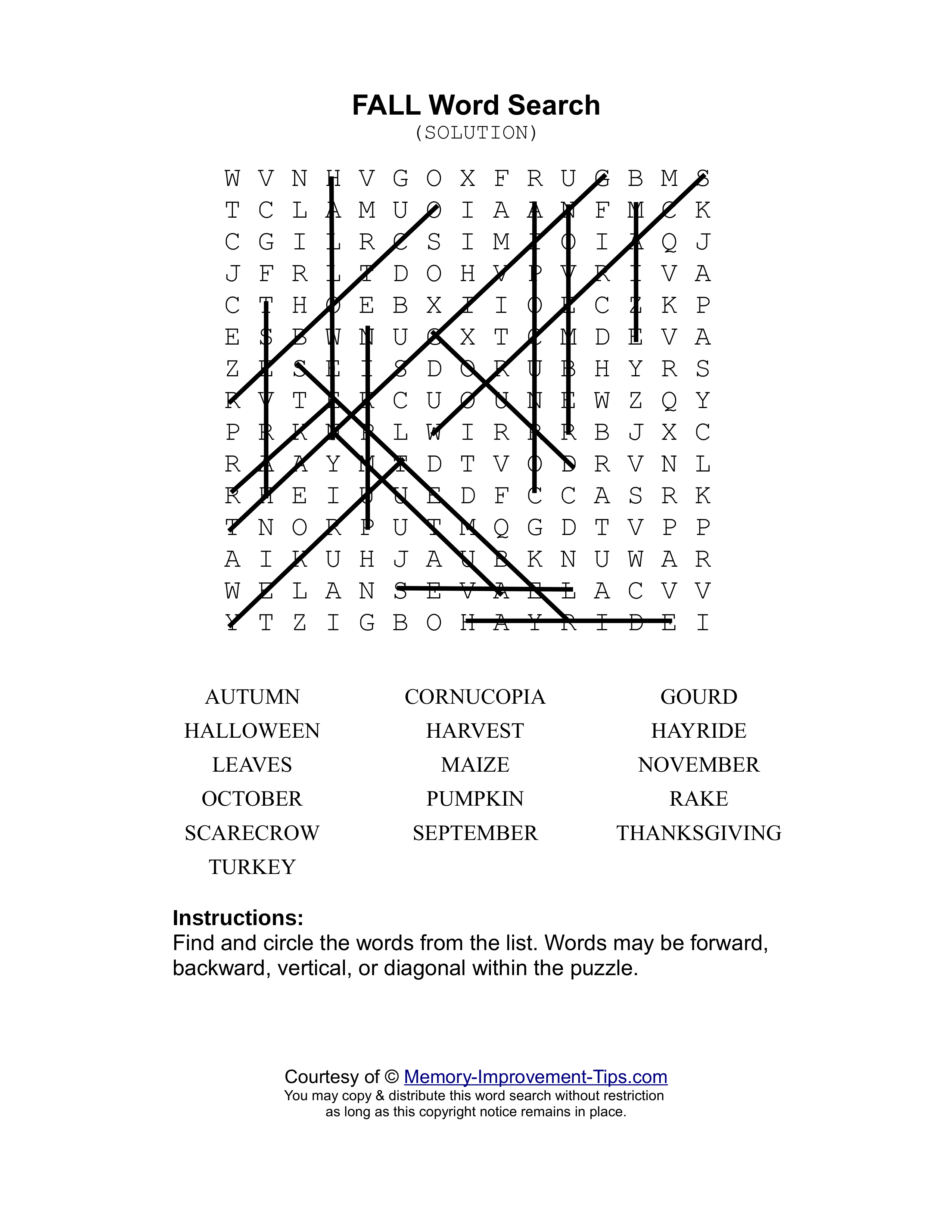 Fall Season word search printable solution