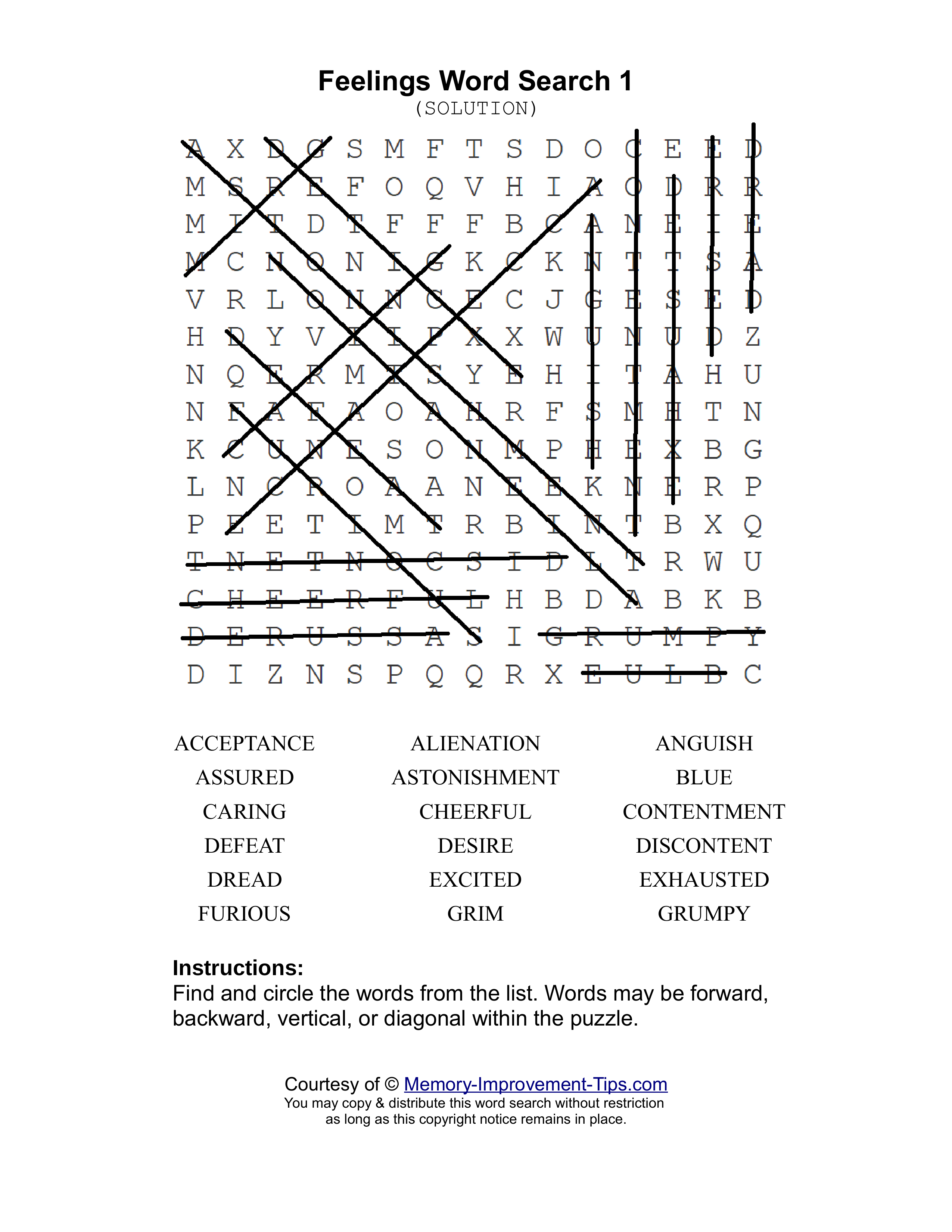 Feelings 1 word search printable solution