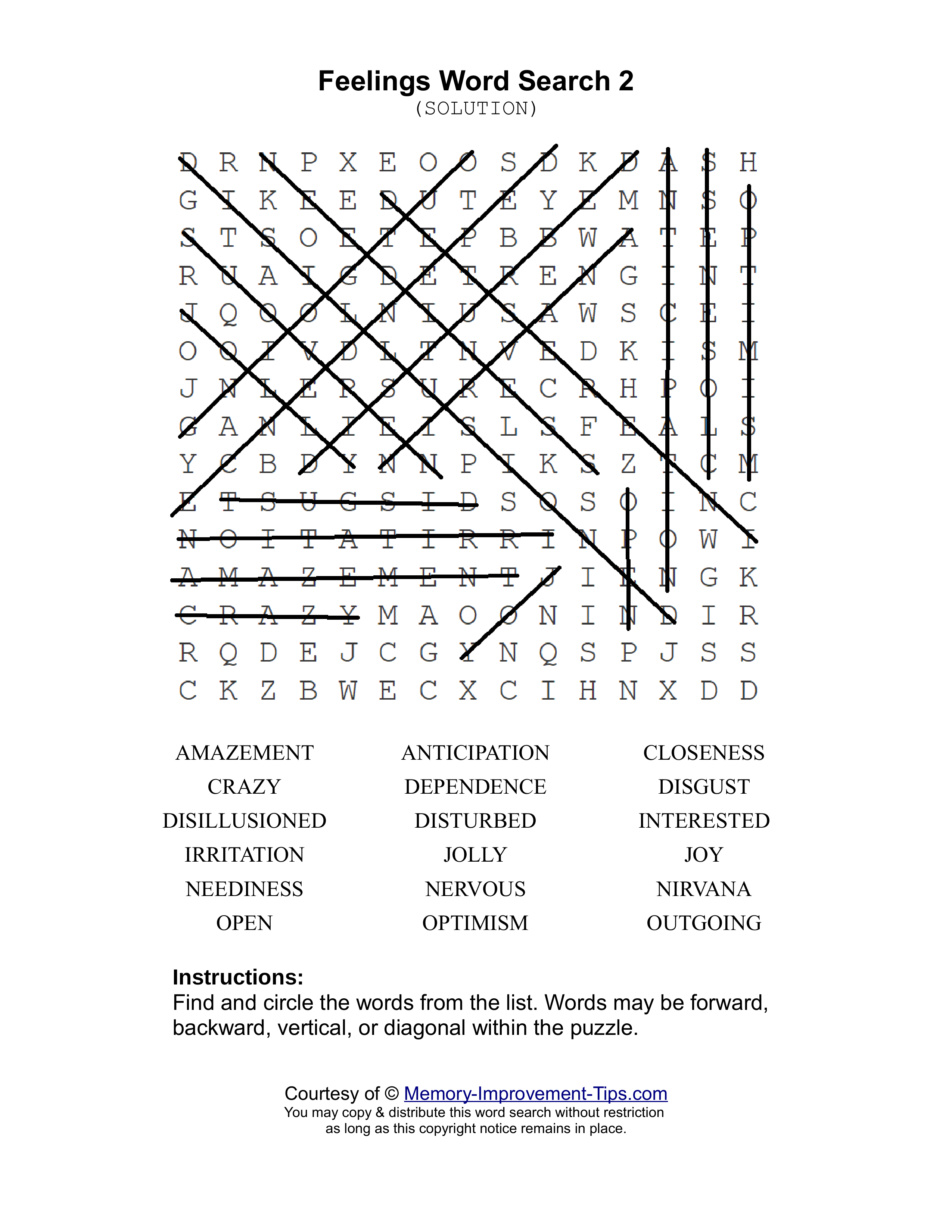 Feelings 2 word search printable solution