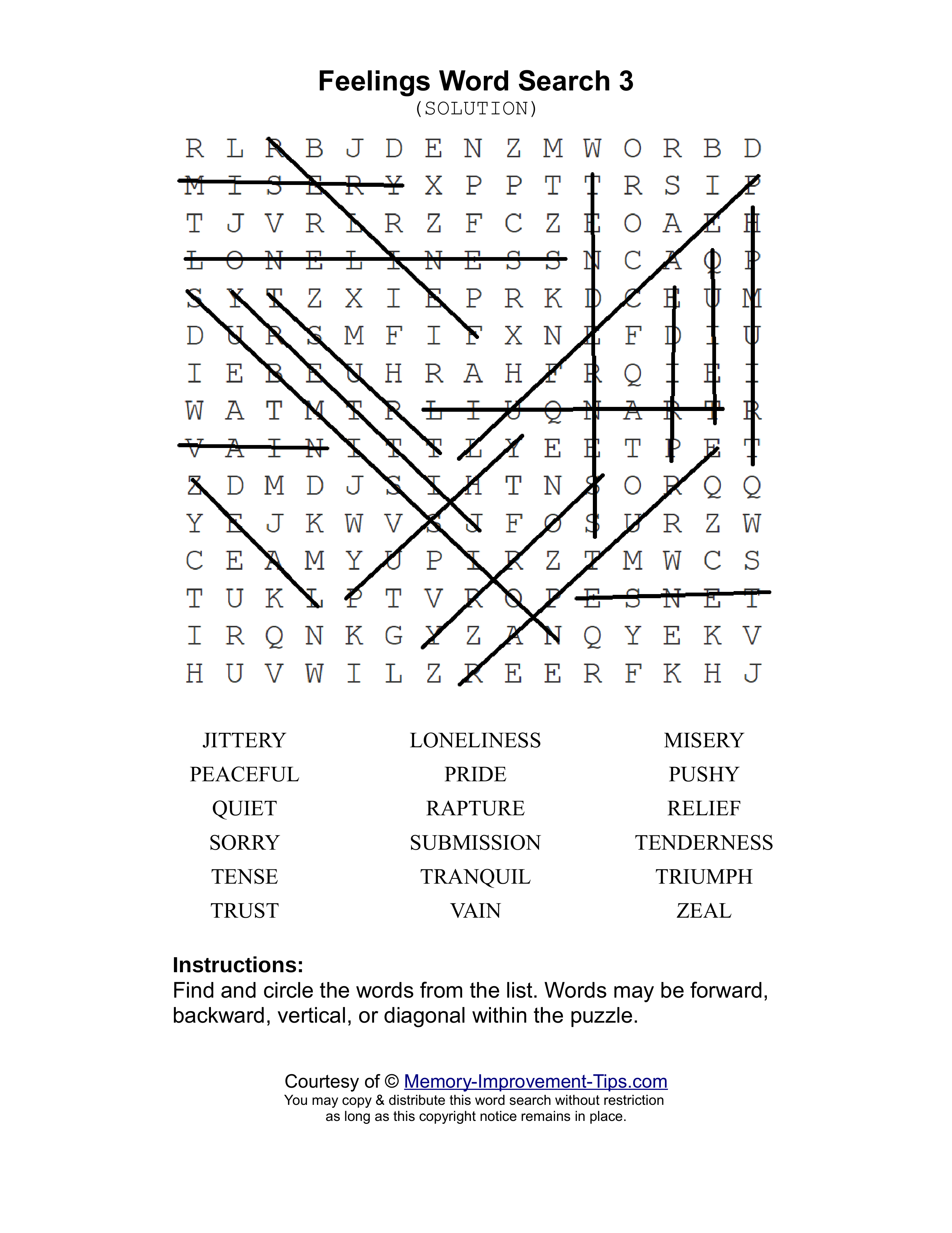 Feelings 3 word search printable solution