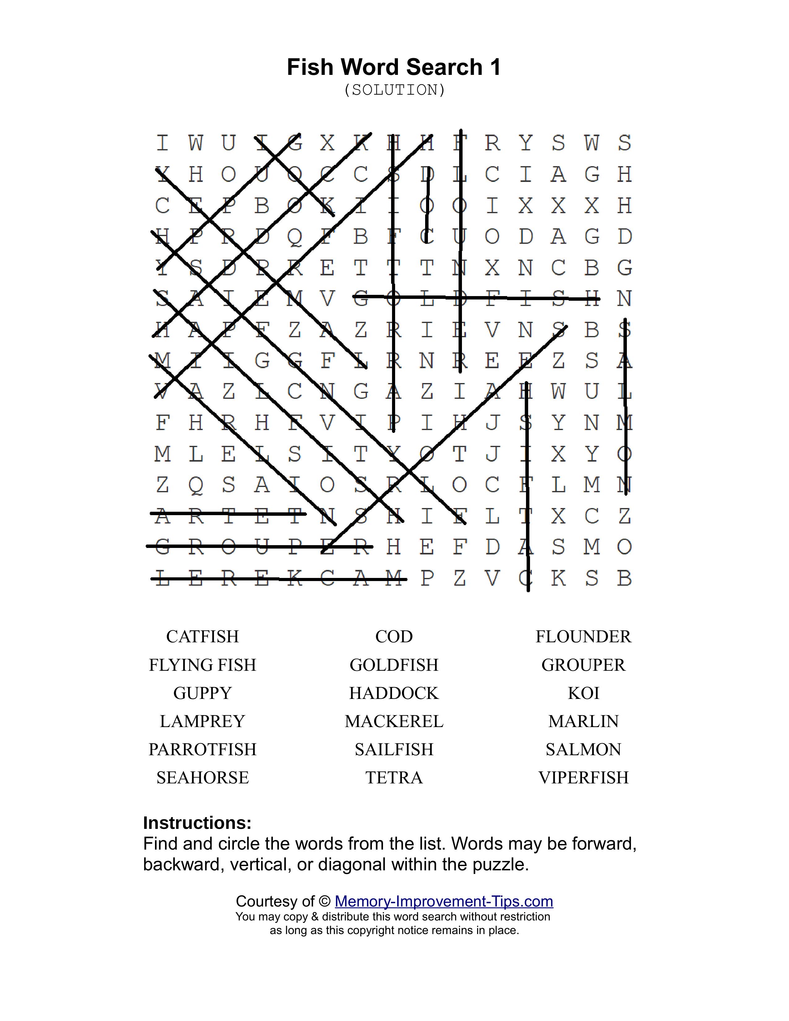 Fish 1 word search printable solution