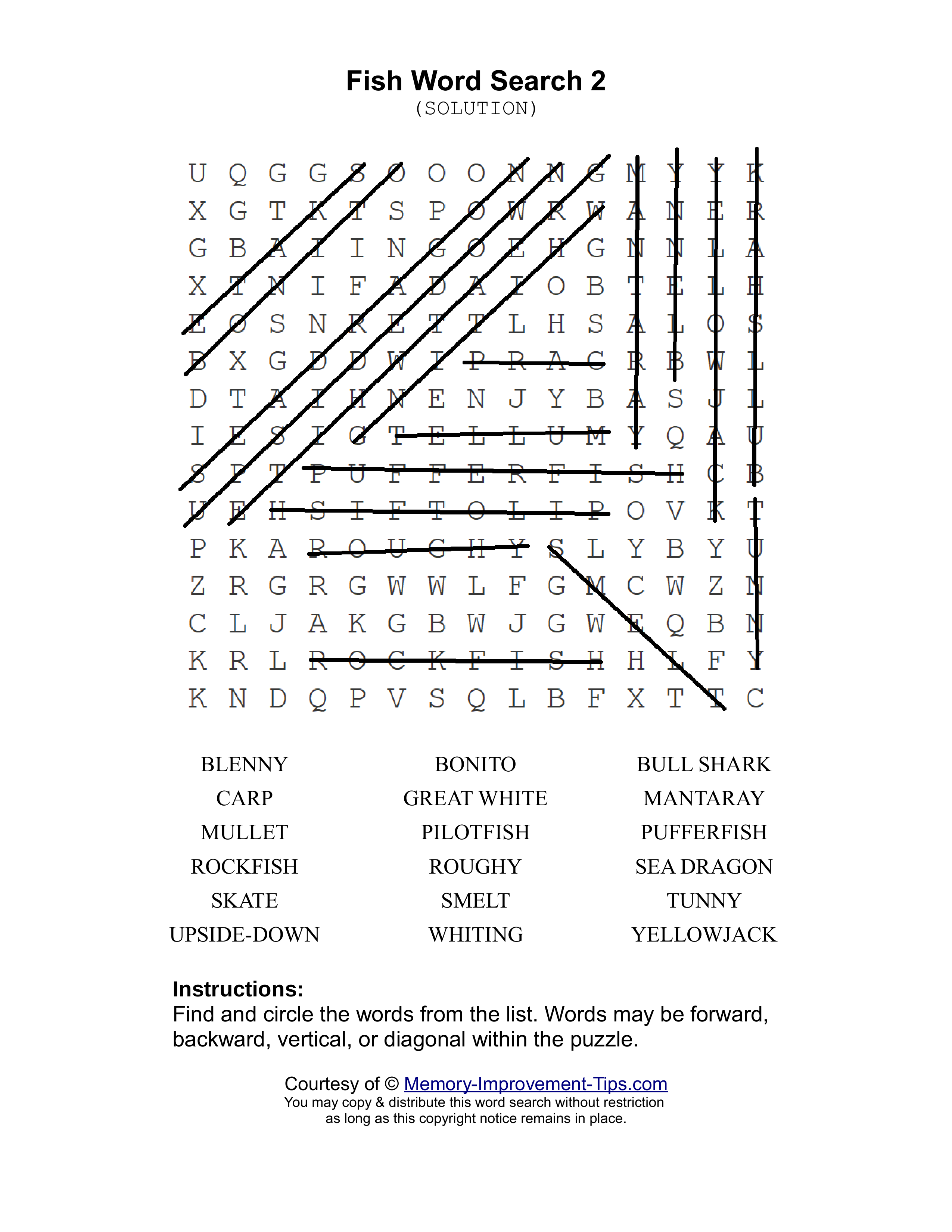 Fish 2 word search printable solution