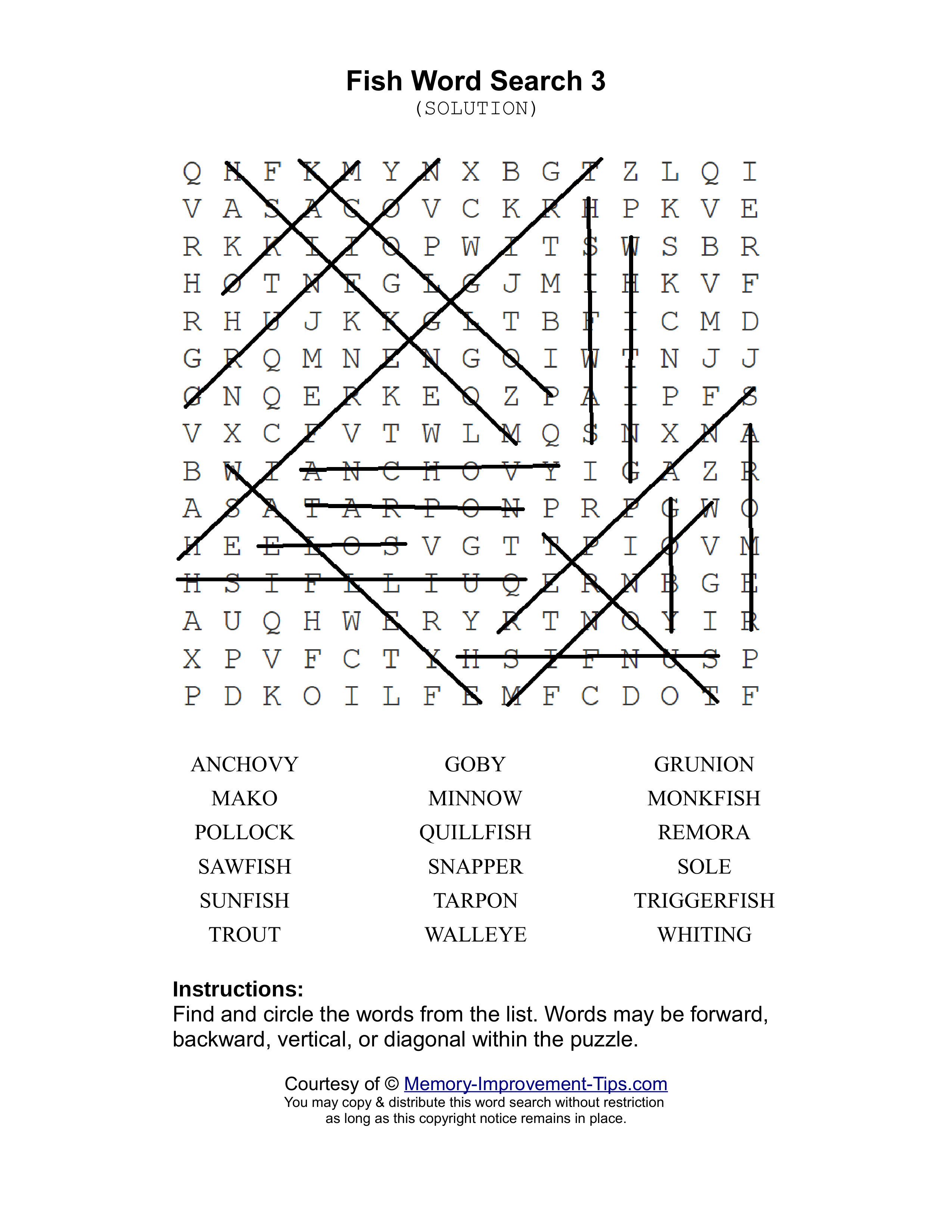 Fish 3 word search printable solution