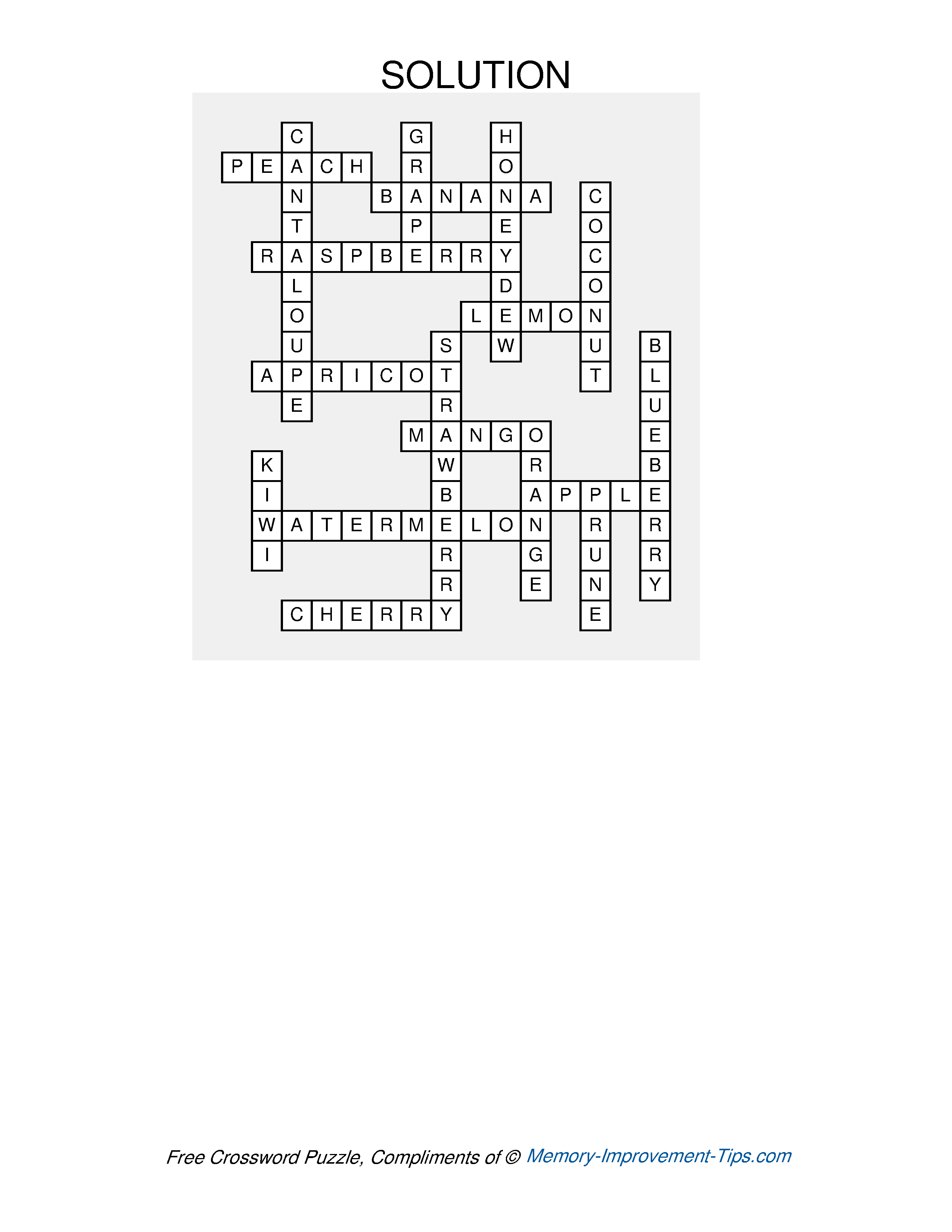 Answer key for the Fruit Crossword Puzzle