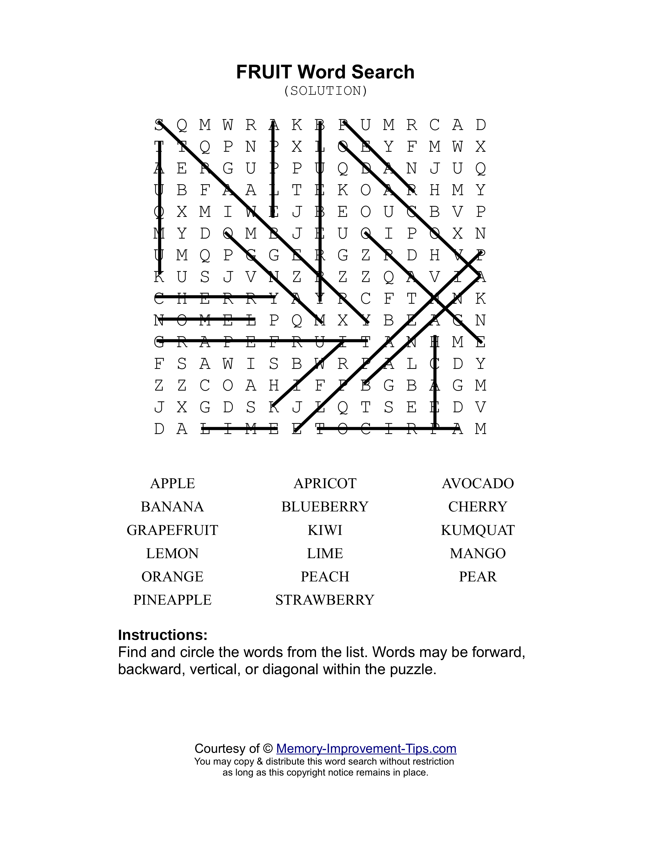 Fruit word search printable solution