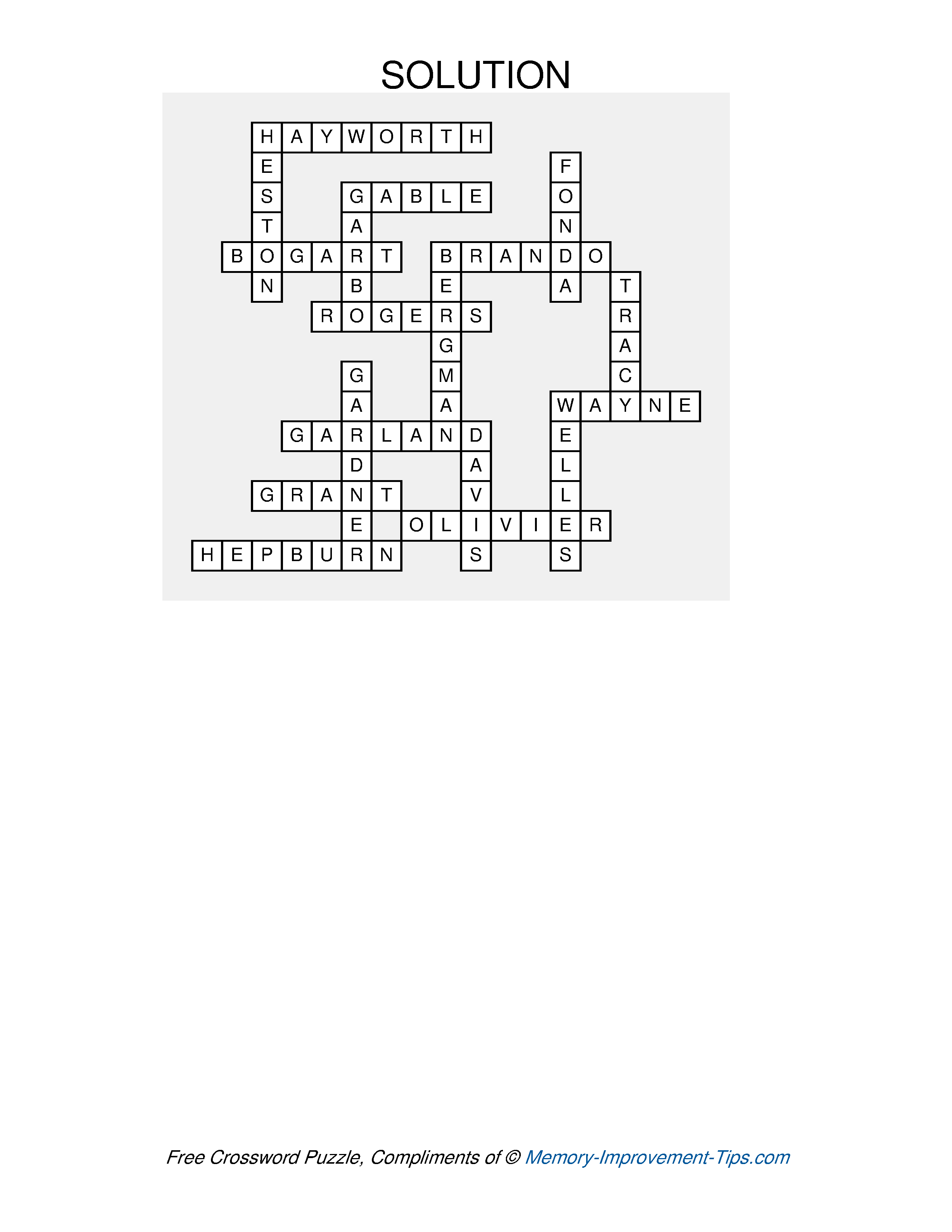 Answer key for the Golden Age of Hollywood Crossword Puzzle