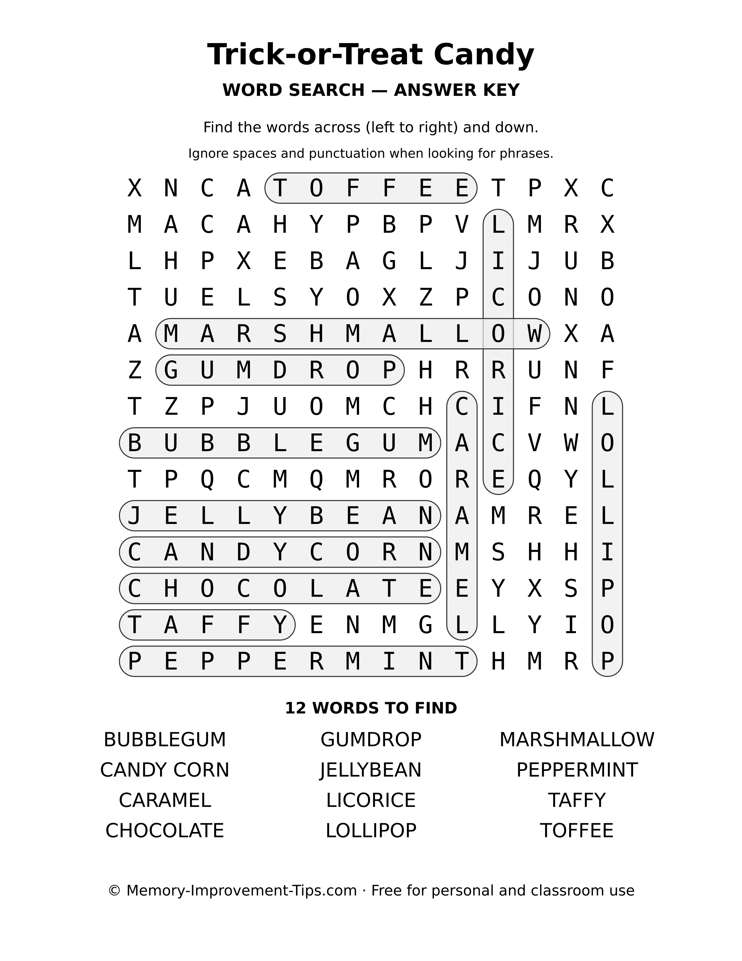 Answer key for the Trick-or-Treat Candy word search