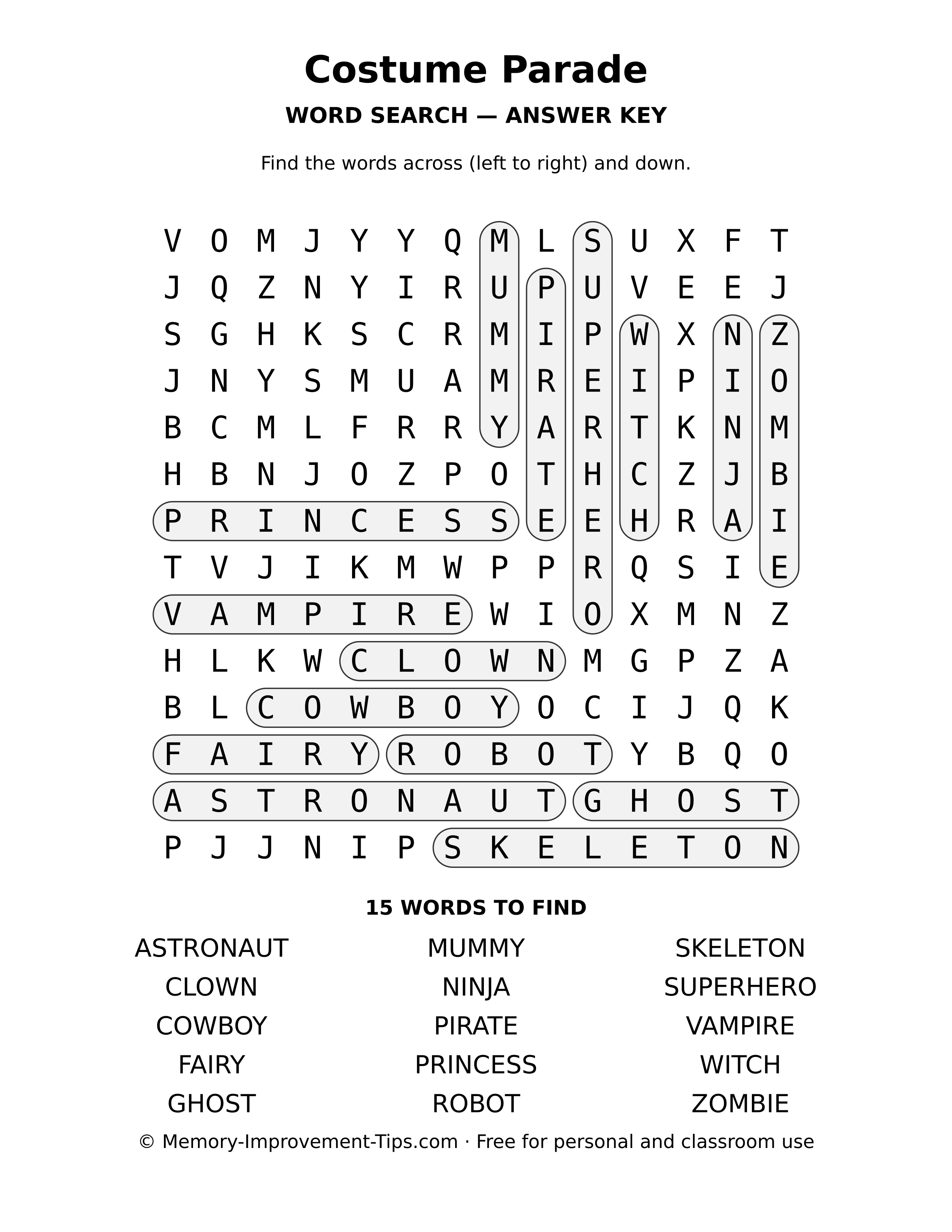 Answer key for the Costume Parade word search