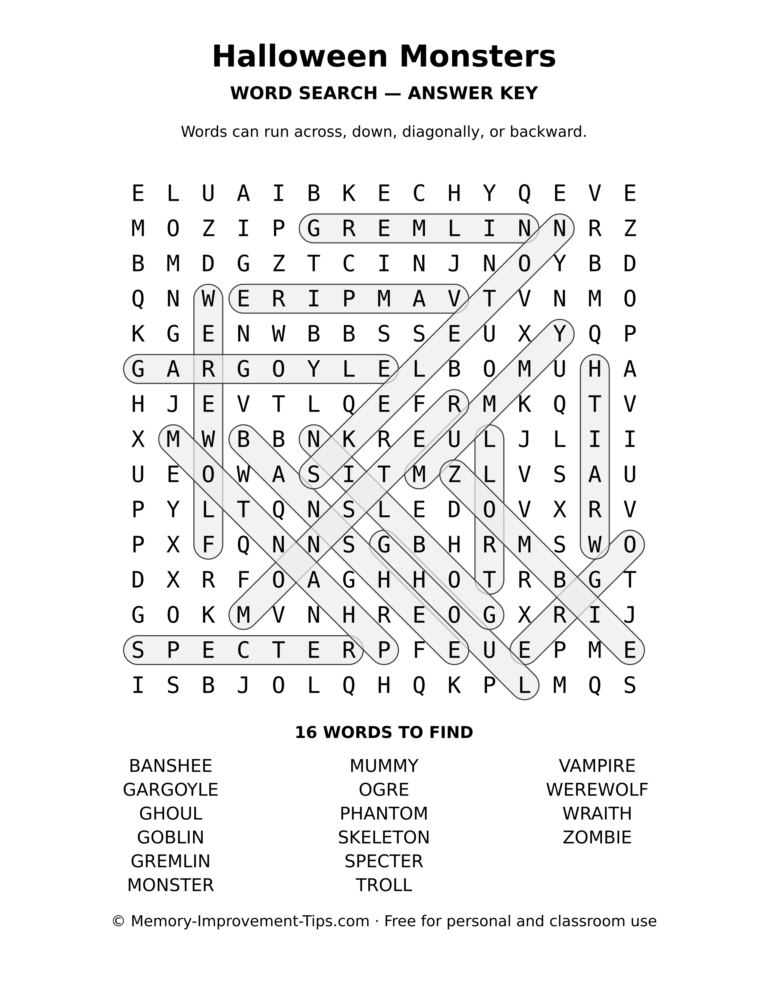 Answer key for the Halloween Monsters word search