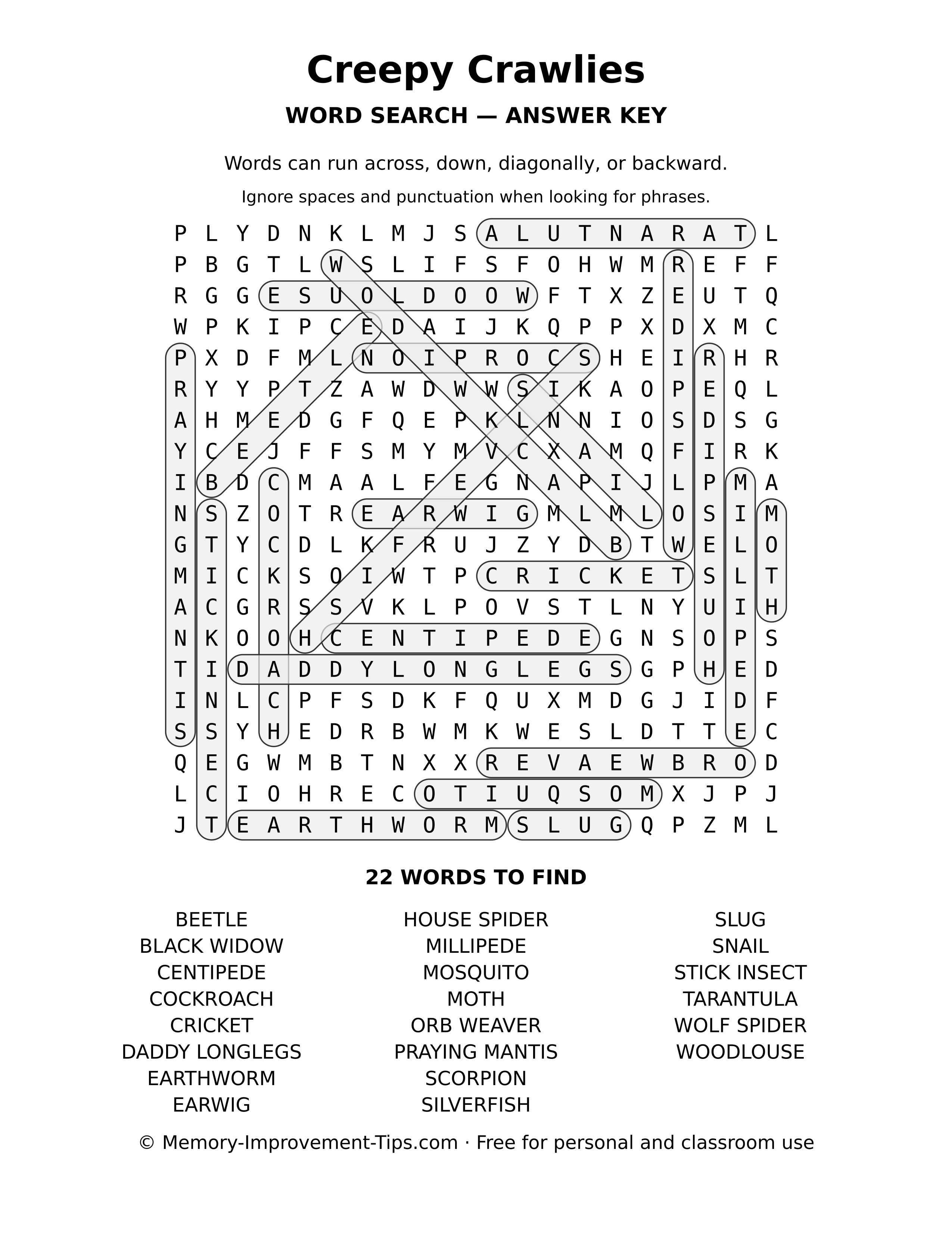 Answer key for the Creepy Crawlies word search