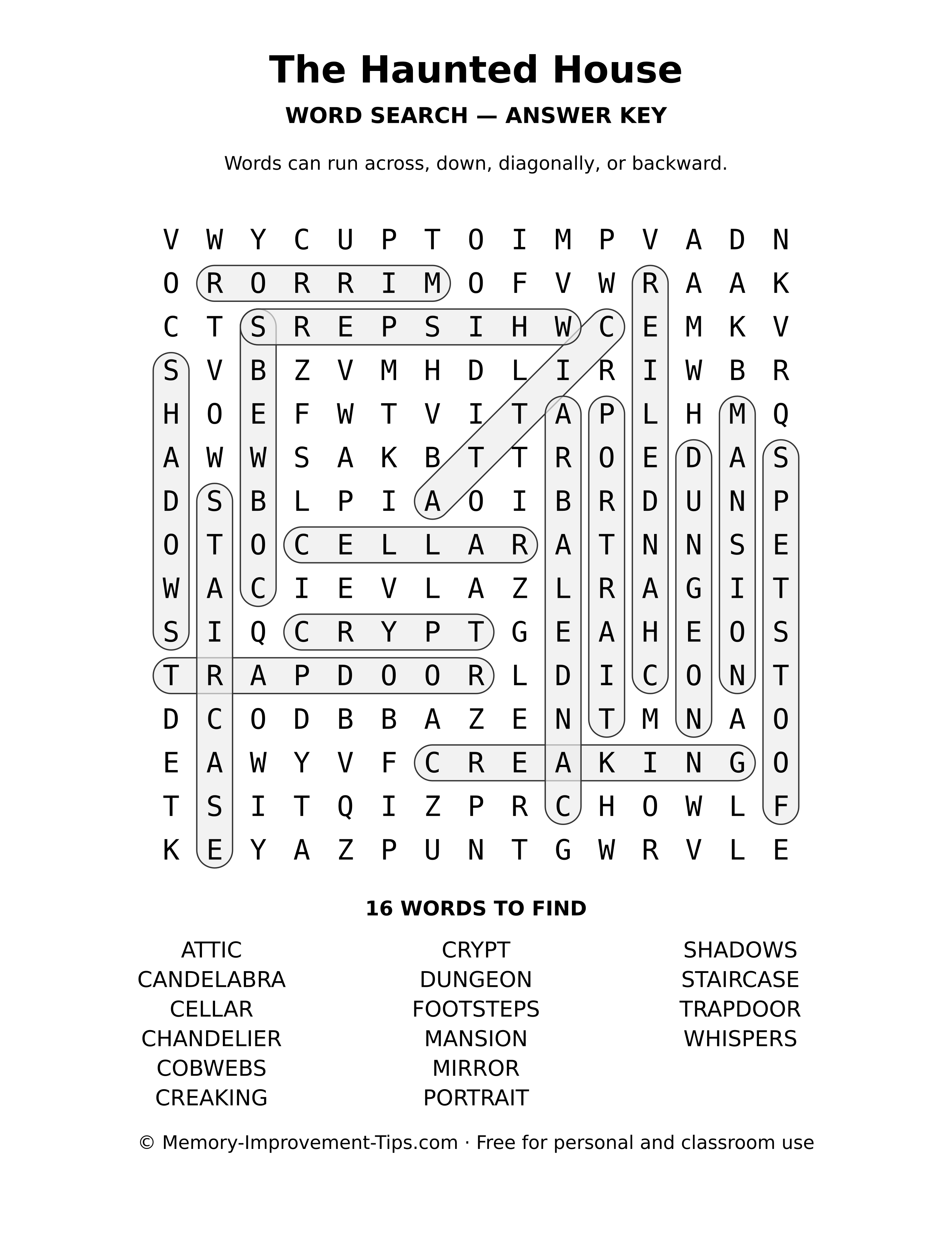 Answer key for the The Haunted House word search