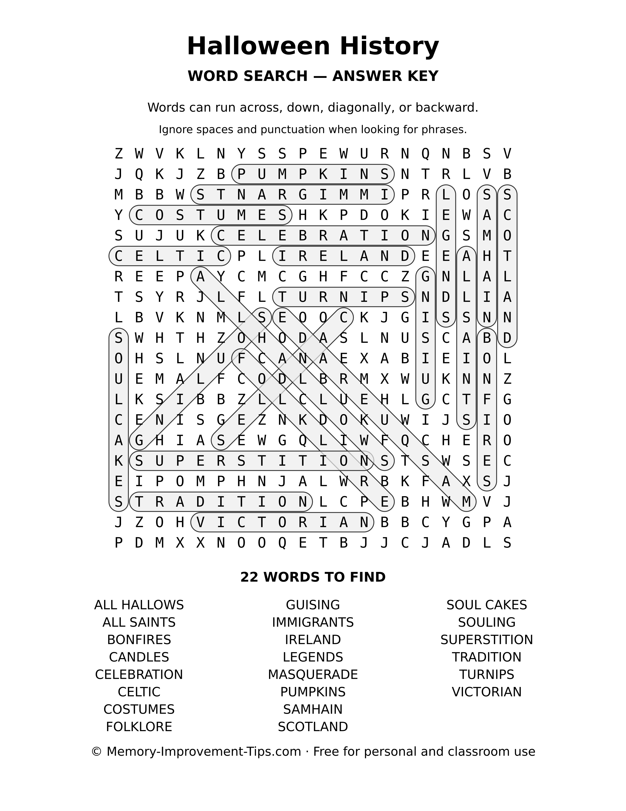 Answer key for the Halloween History word search