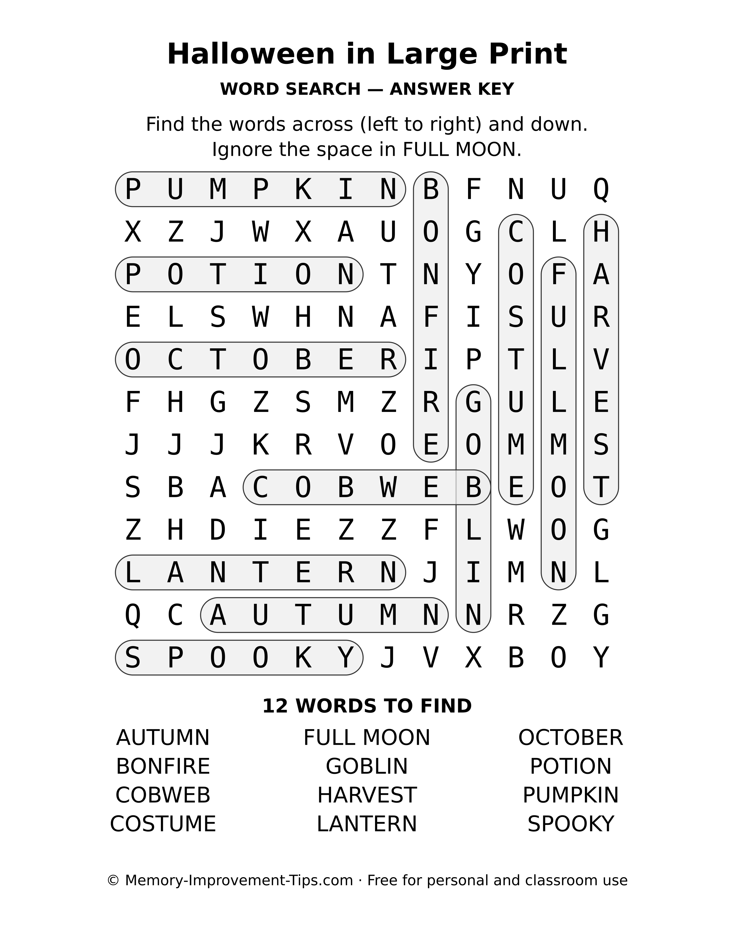Answer key for the Halloween in Large Print word search